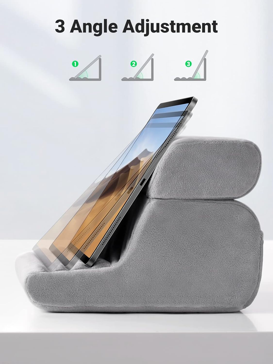UGREEN Tablet Pillow Stand for Lap Soft Holder Bed with 3 Viewing Angles Adjustable Home Office Accessories Compatible with iPad Pro 13 12 11 10.5 Air Mini 5 4 3 2 Phone 16 15 14 E-Reader Grey