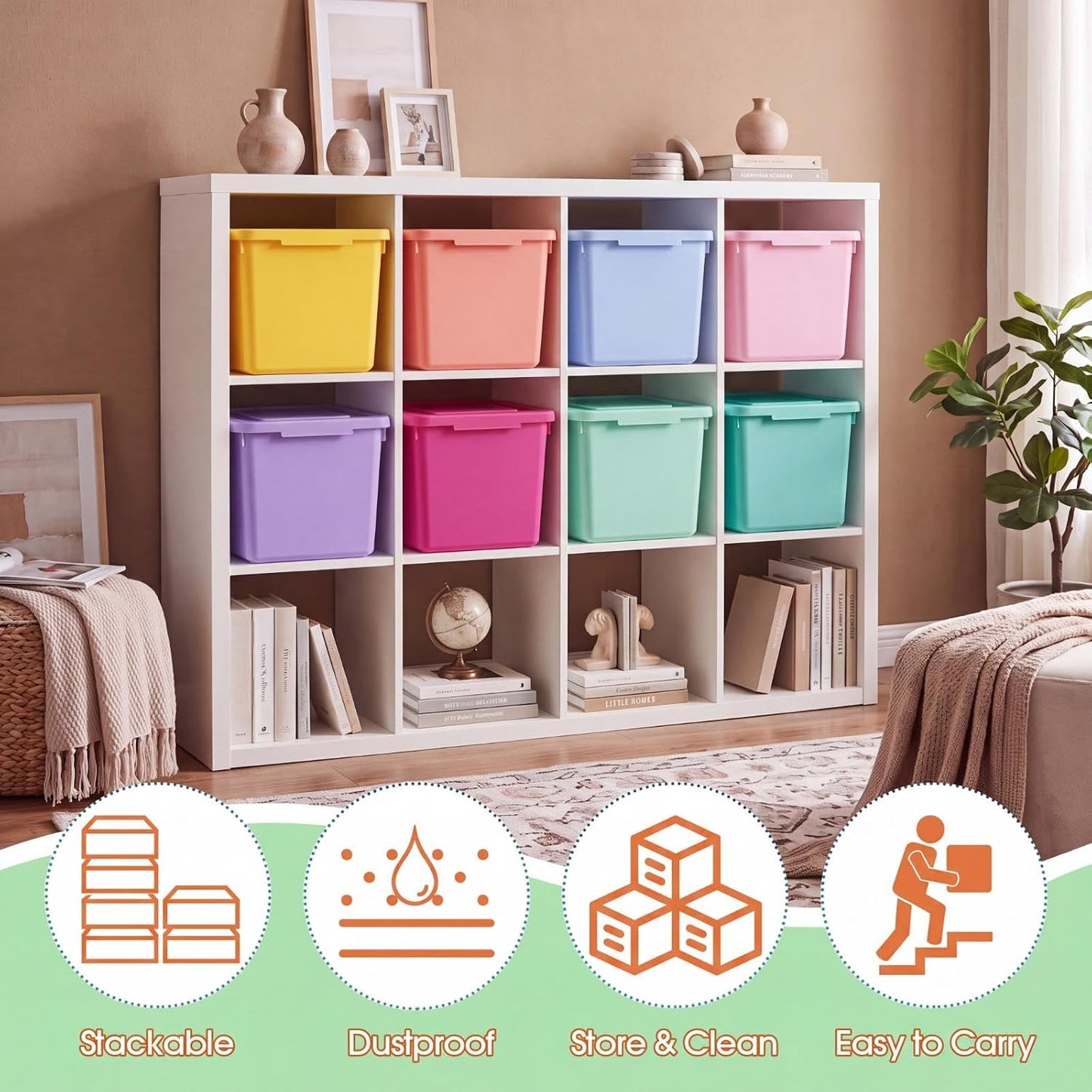 Potchen 8 Pack Small Stackable Storage Bins with Lids Plastic Storage Boxes for Classroom 9.8" ×7.3" ×5.7" Decorative Organizer Bins for Craft Art Office Teacher Supplies (Mixed Color)