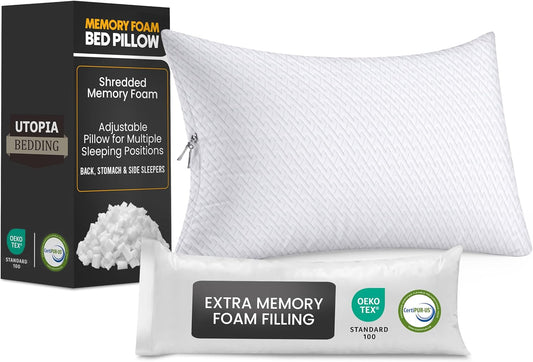 Utopia Bedding Shredded Memory Foam Pillows (Queen), Cooling Adjustable Bed Pillows for Sleeping with Washable Pillow Case, Back, Stomach and Side Sleeper Pillow, Plush and Supportive (1 Pack)