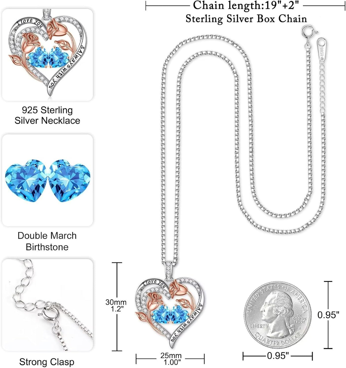 Iefil Birthstone Necklace for Women - Rose Heart Necklace