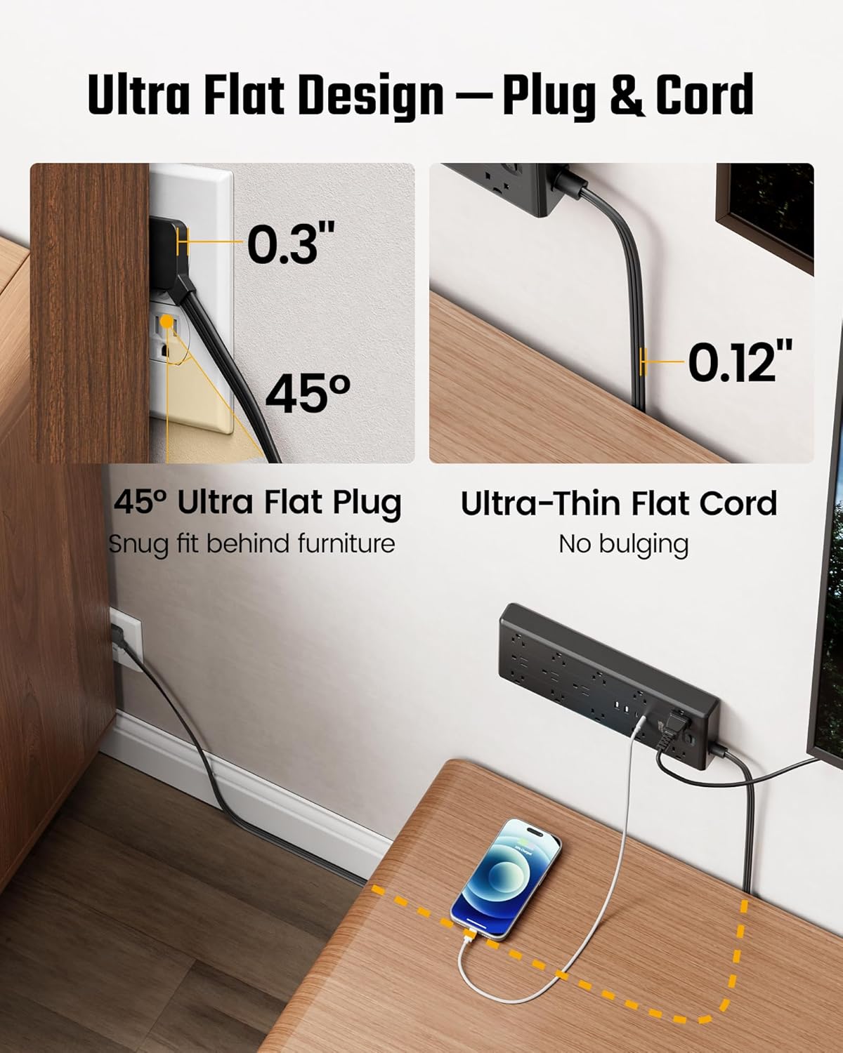 10Ft Extension Cord with Multiple Outlets, Flat Plug Power Strip with 2100J Surge Protector, 13 Outlets, 2 USB A, 2 USB C, Desk USB Charging Station, Home Office, College Dorm Room Essentials, Black