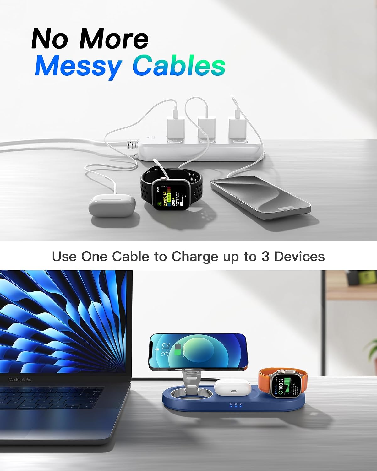 Foldable 3 in 1 Wireless Charging Station for Apple Mag-Safe Charger Stand | Fast Magnetic Wireless Charger Station for iPhone 17 Air 16 15 14 13 12, Apple Watch, AirPods Pro/4/3/2 (Sapphire Blue)