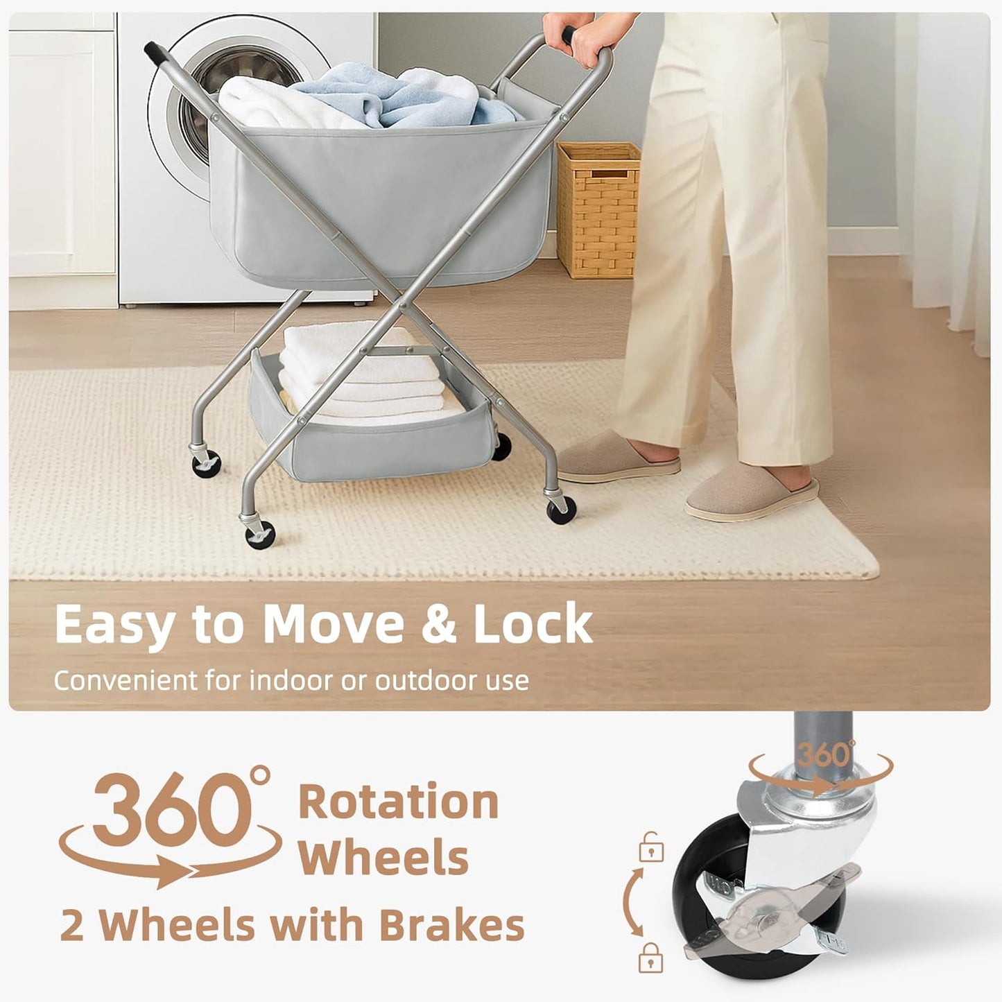 STORAGE MANIAC Collapsible Laundry Cart with Wheels 31.5"H Rolling Laundry Hamper Clothes Basket with Wheels, Canvas Liner Sturdy Steel Frame Folding for Small Narrow Space Easy Storage, Grey