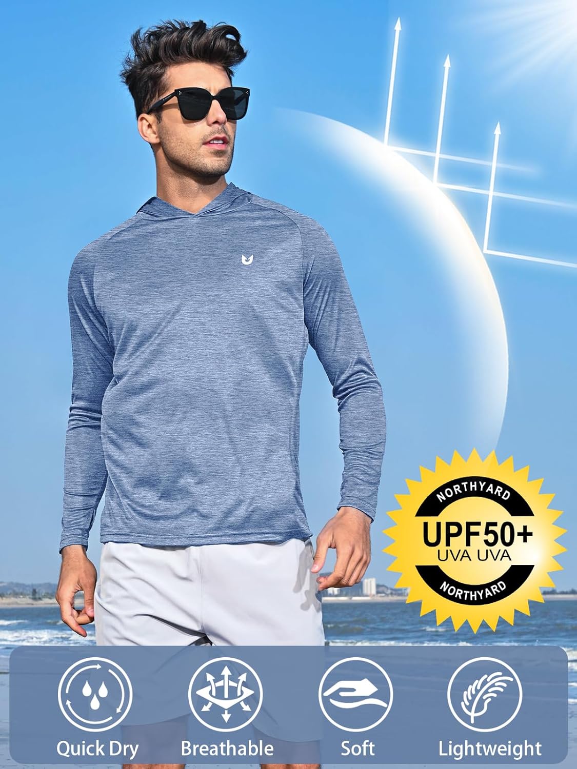 NORTHYARD Men's UPF 50+ Rash Guard Hoodie Long Sleeve Sun Protection Shirt Fishing Swim Beach Hiking Quick Dry Lightweight