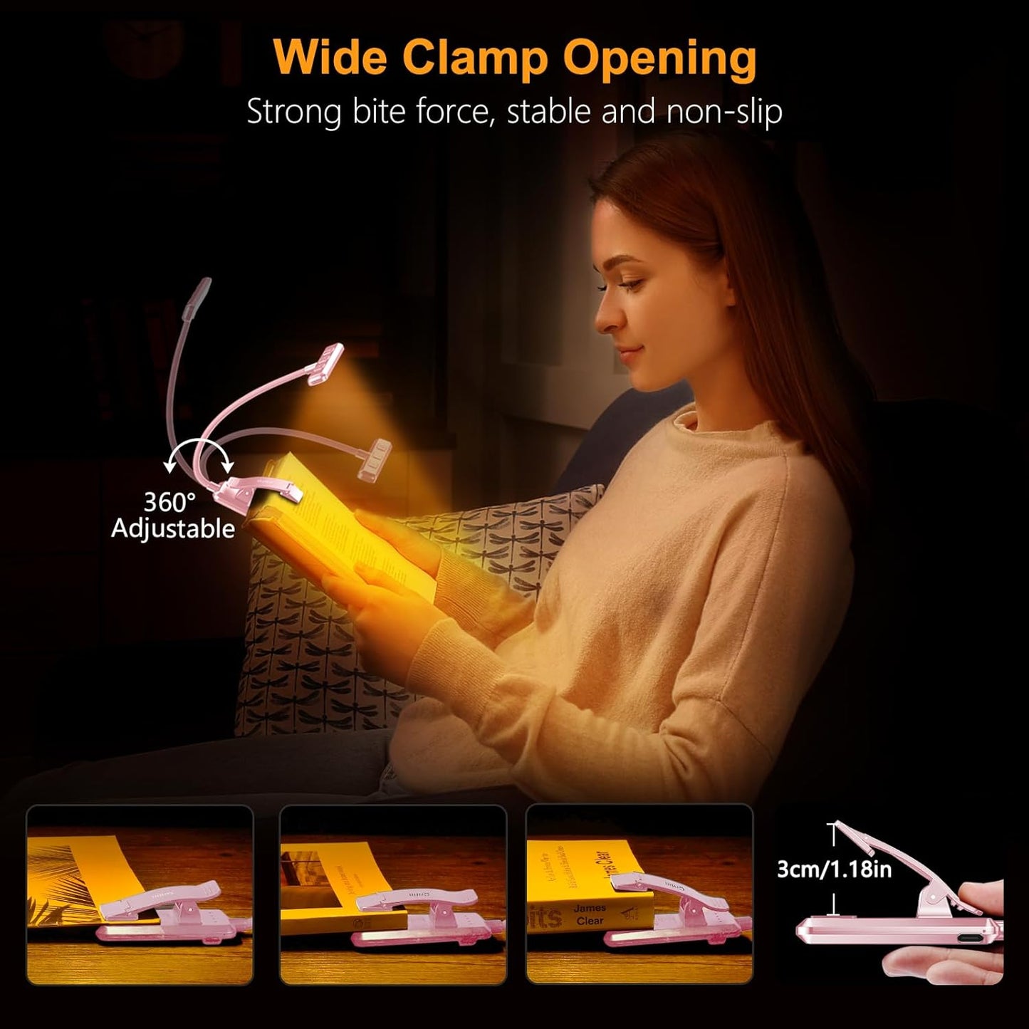 Gritin 19 LED Rechargeable Book Light for Reading in Bed with Memory Function- Eye Caring 3 Color Temperatures,Stepless Dimming Brightness,90 Hrs Runtime Clip on Light for Book Lovers-Pink