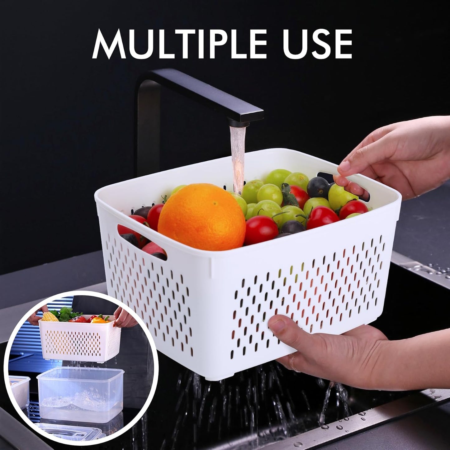 HOTEC 4-Pack Large Fruit Storage Container for Fridge Leak proof with Removable Colander, BPA Free Dishwasher & microwave safe Largest 3.15L