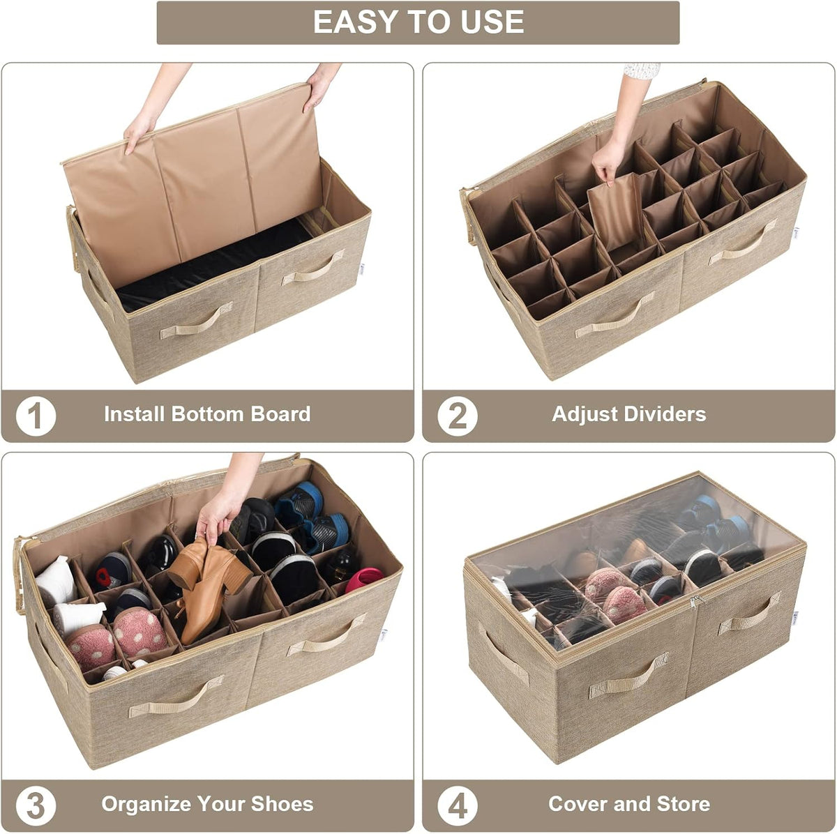 Moteph Shoe Organizer for Closet - Shoe Storage Organizer for Closet Organization with Clear Cover & Adjustable Dividers, Shoe Rack & Basket - (Light Brown, Large - 24 Pairs)