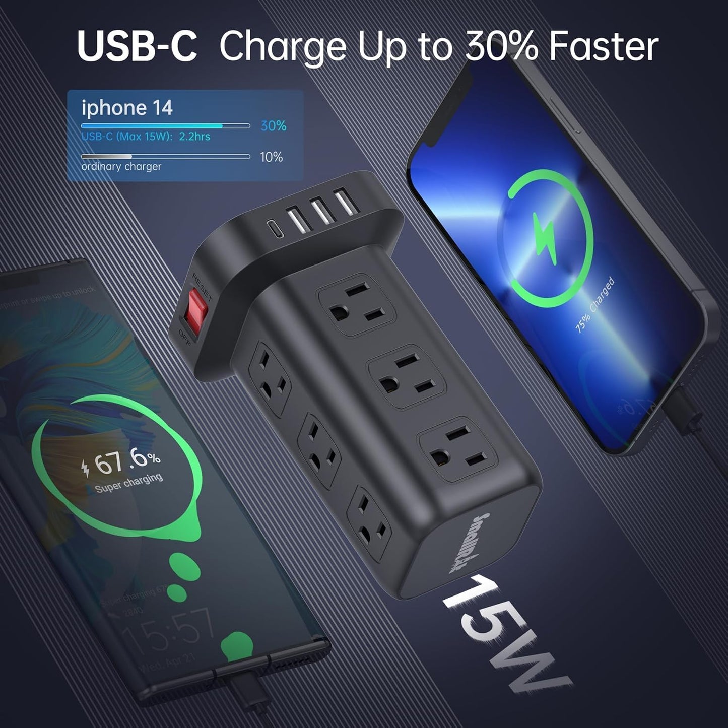 Extension Cord with Multiple Outlets, SMALLRT Surge Protector Power Strip Tower, Outlet Extender with 12 AC Outlets 4 USB, 6.5FT Extension Cord for Home Dorm Room, Office Supplies,Overload Protection