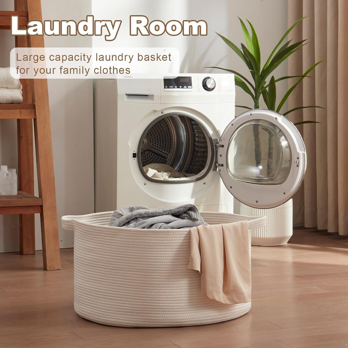 OIASKET Large Woven Baskets for Storage, 22.8" x 22.8" x 13" Blanket Storage Living Room, Baby Toy Basket for Clothes, Pillows, Towels, Shoe Basket for Entryway (White)