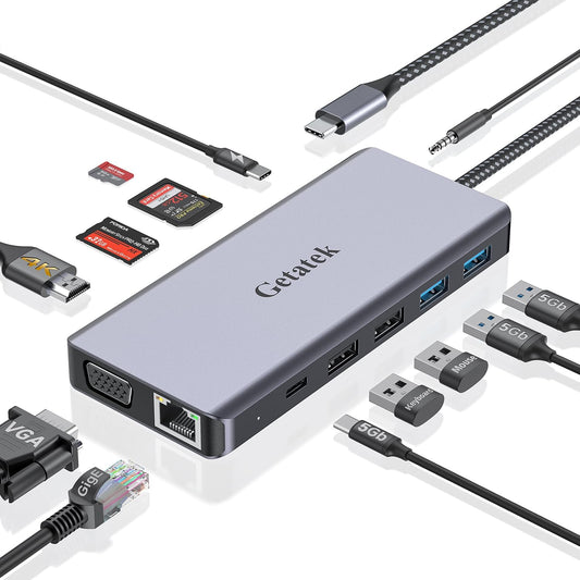 Getatek13-in-1 Docking Station with 4K HDMI,VGA,Ethernet,USB A 3.0 Data Port and USB C 5Gbps Port,100W PD Charging,SD/TF/MS Card Reader and 3.5MM Audior for MacBook, Acer, Laptops, Surface and More