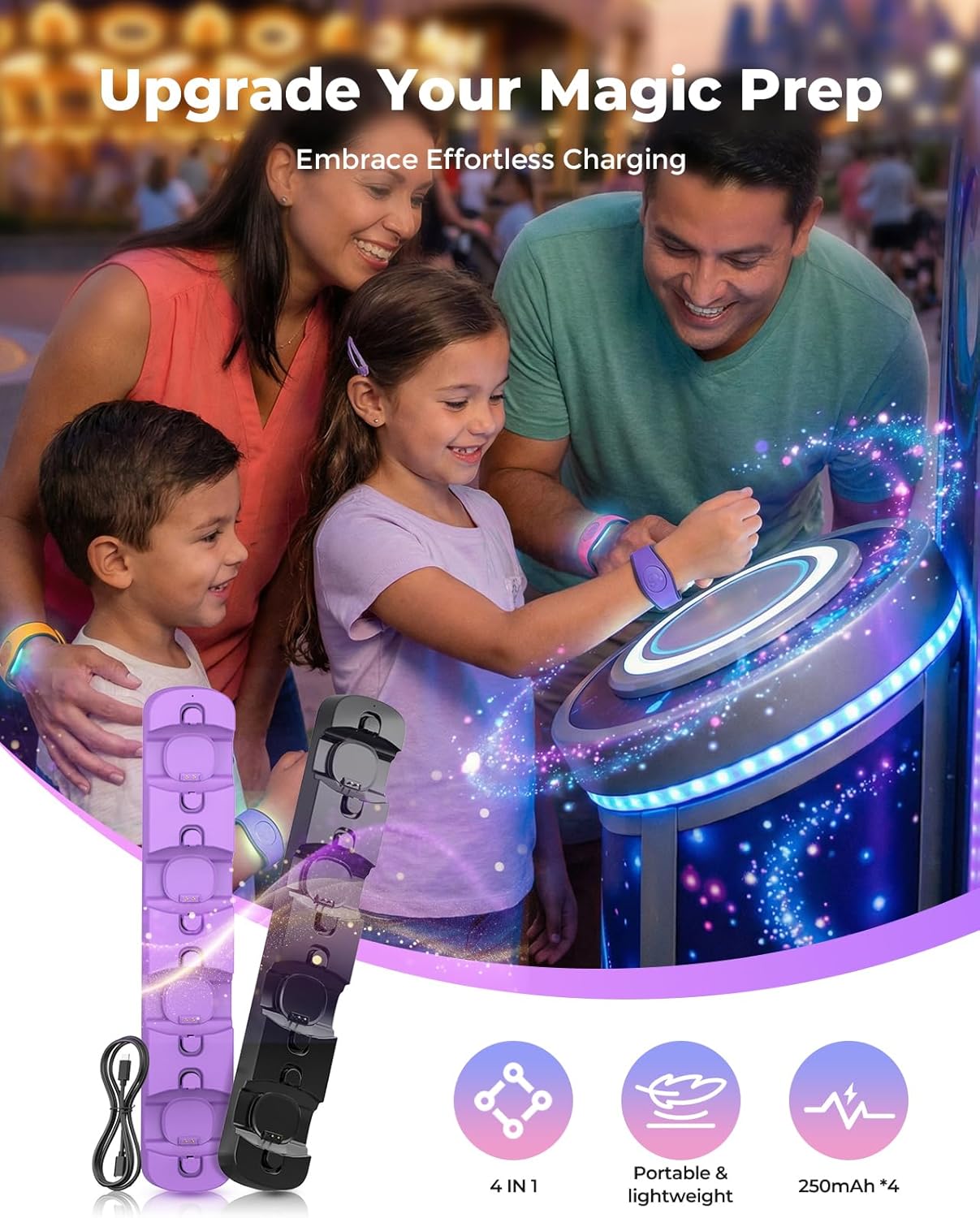 Doohoeek Charging Station for MagicBand+ Plus Magic Band, 4-in-1 Charger Portable for Disneyland MagicBand Plus, 90 Min Full Charging Dock for Magic Band+ Disney-World Family (Black, 4-Slot)