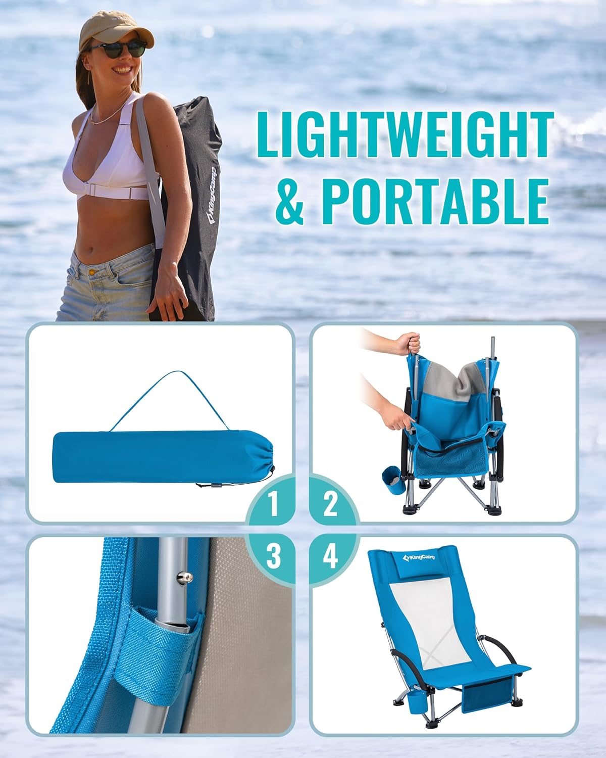 KingCamp Low Beach Chair, High Back Folding Camping Chair for Adults, Oversized Breathable Mesh Seat, 300lbs Heavy Duty Portable Chair with Cup Holder & Storage Pockets for Beach, Outdoor