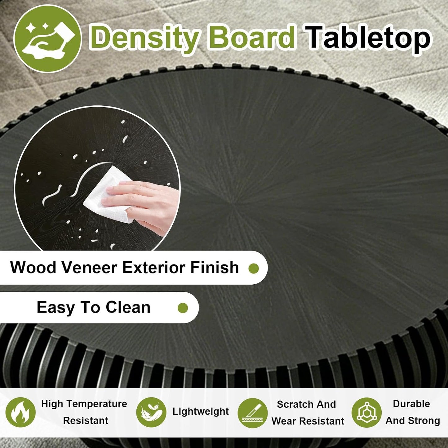 31" Black Round Drum Wood Fluted Coffee Table (E, 1PC) | For Living Room, Wooden Grooves, Circle Pedestal Center Table, Farmhouse Modern Style, For Small Spaces, Easy Assembly
