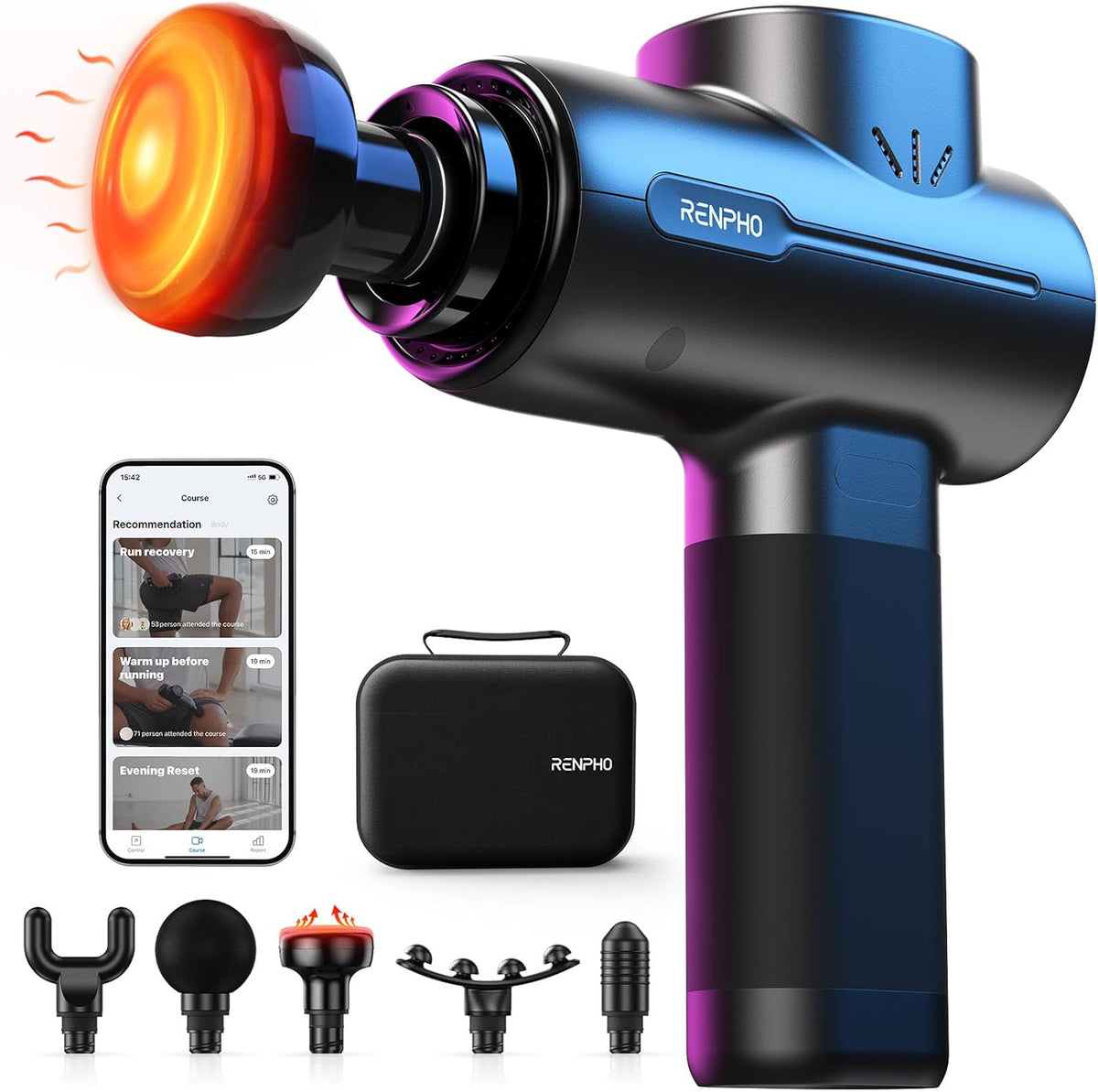 RENPHO Active+ Thermal Massage Gun with Heat, App Control, Muscle Massager