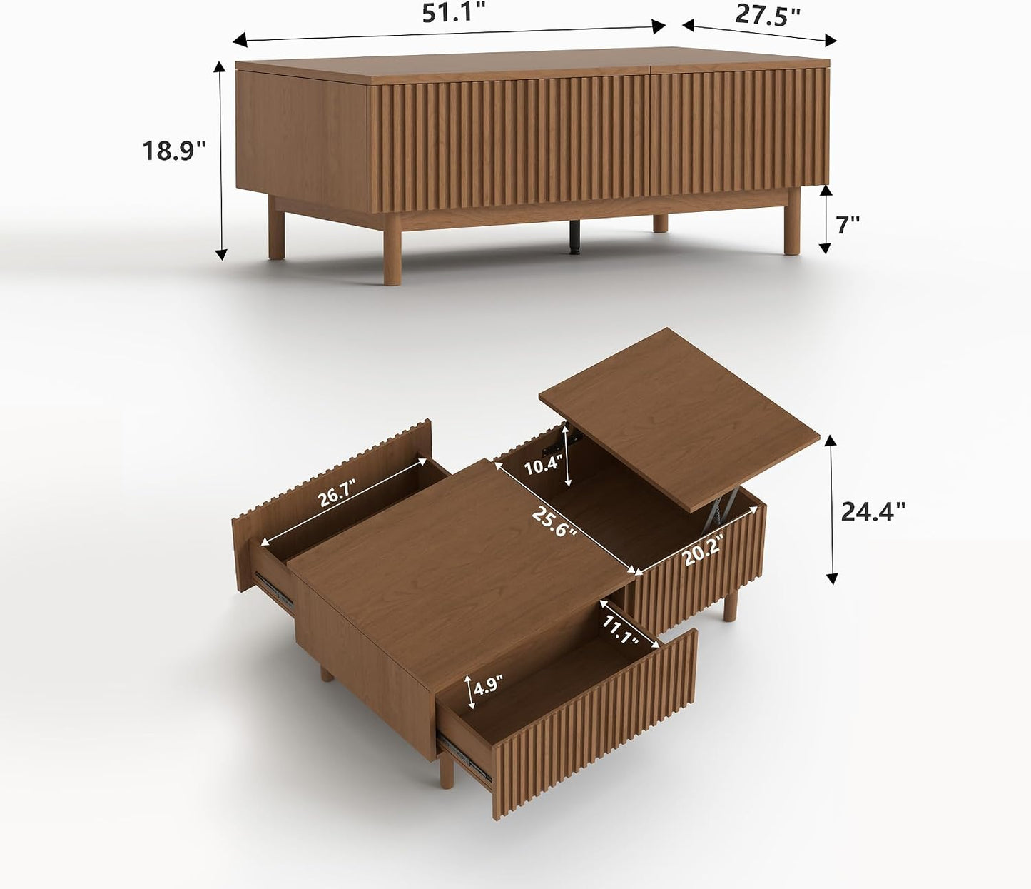 51" Mid-Century Modern Lift Top Coffee Table with Hidden Storage | Walnut Fluted Rectangular Center Table with Drawers & Sturdy Wooden Legs, for Living Room, Apartment, Office