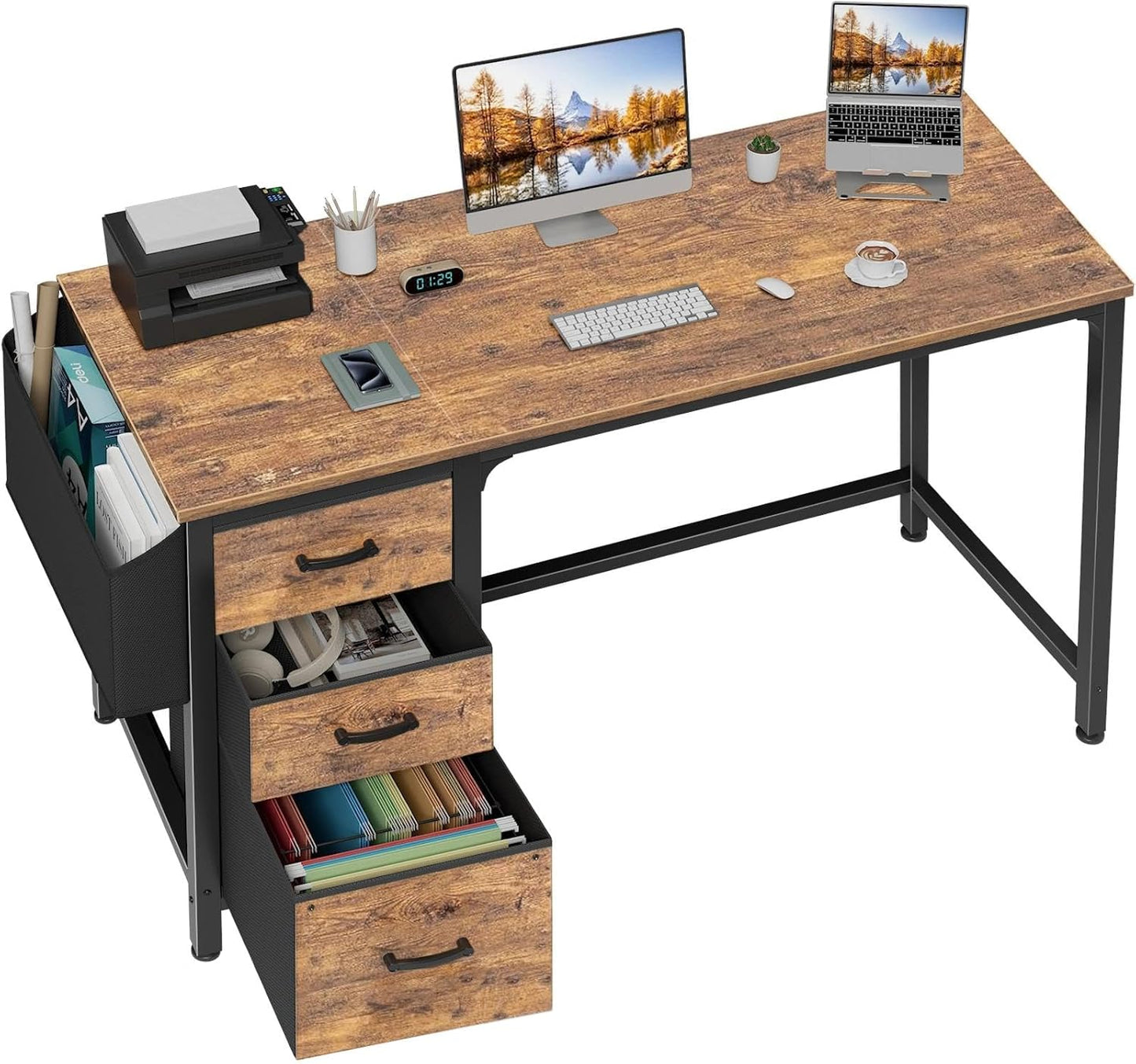 Lufeiya Computer Desk with Fabric File Drawers Cabinet, 55 Inch Reversible Home Office Desks with Filing Cabinet for Small Space, Study Writing Table PC Desks with Storage for Bedroom, Rustic Brown