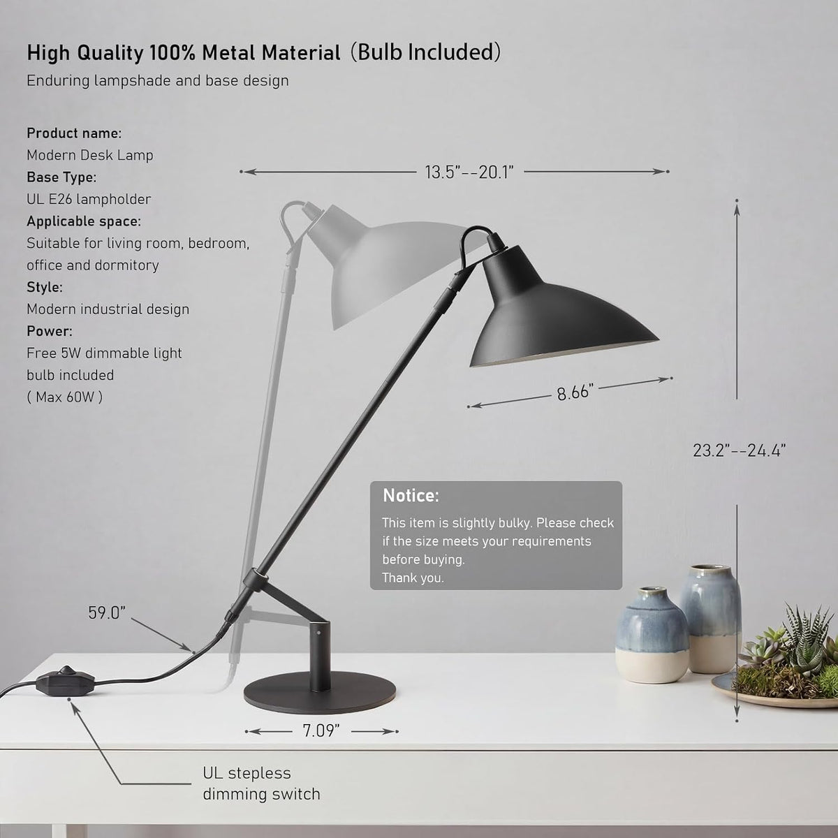 Desk Lamp Modern Industrial 100% Metal Adjustable Table Lamp 24", Natural Light (4000K) with Dimmer, Ideal for Office Bedroom Study Room Living Room Nightstand Bedside Lamps Sand Black