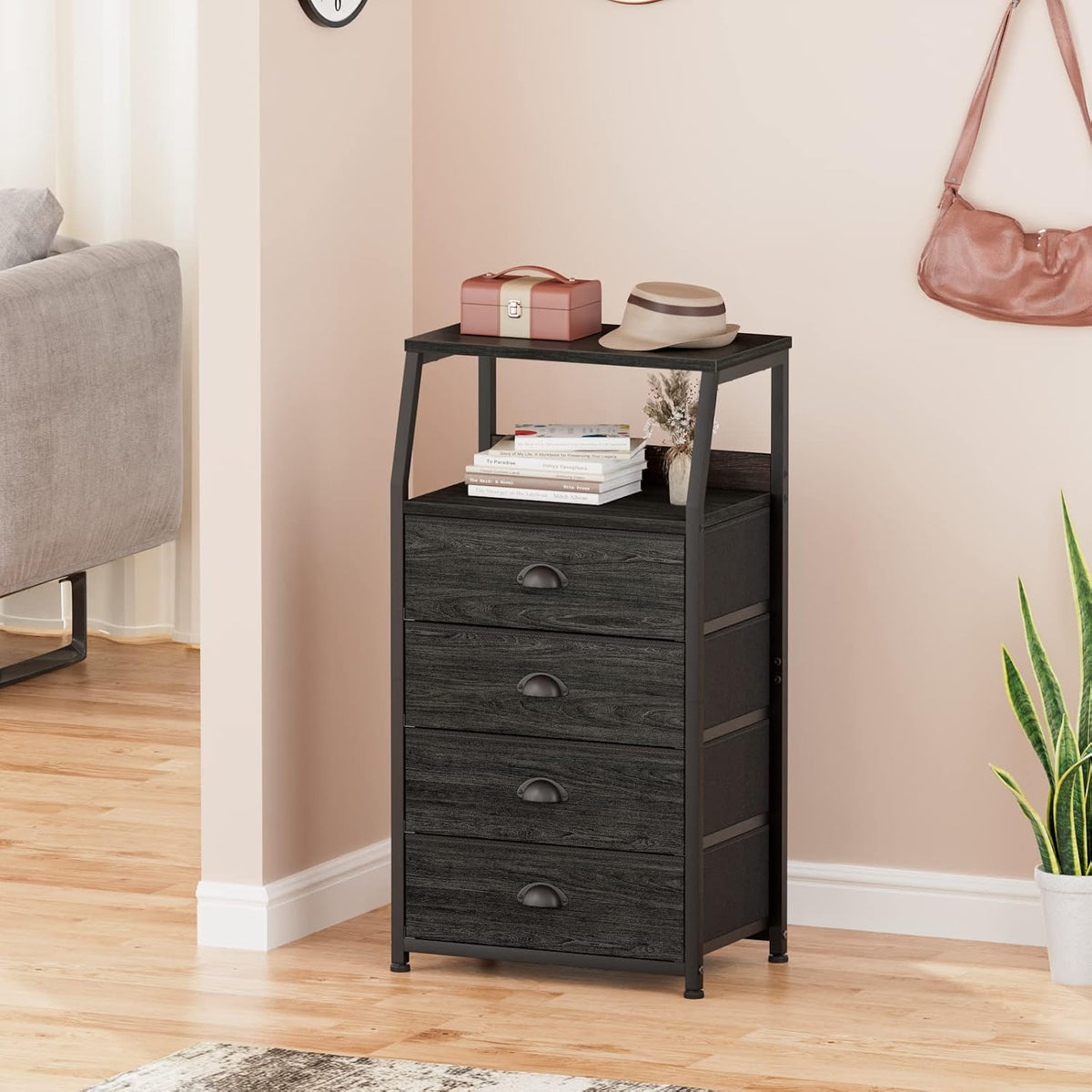 Furnulem Dorm Tall Nightstand, Small Dresser for Bedroom with Fabric Drawer