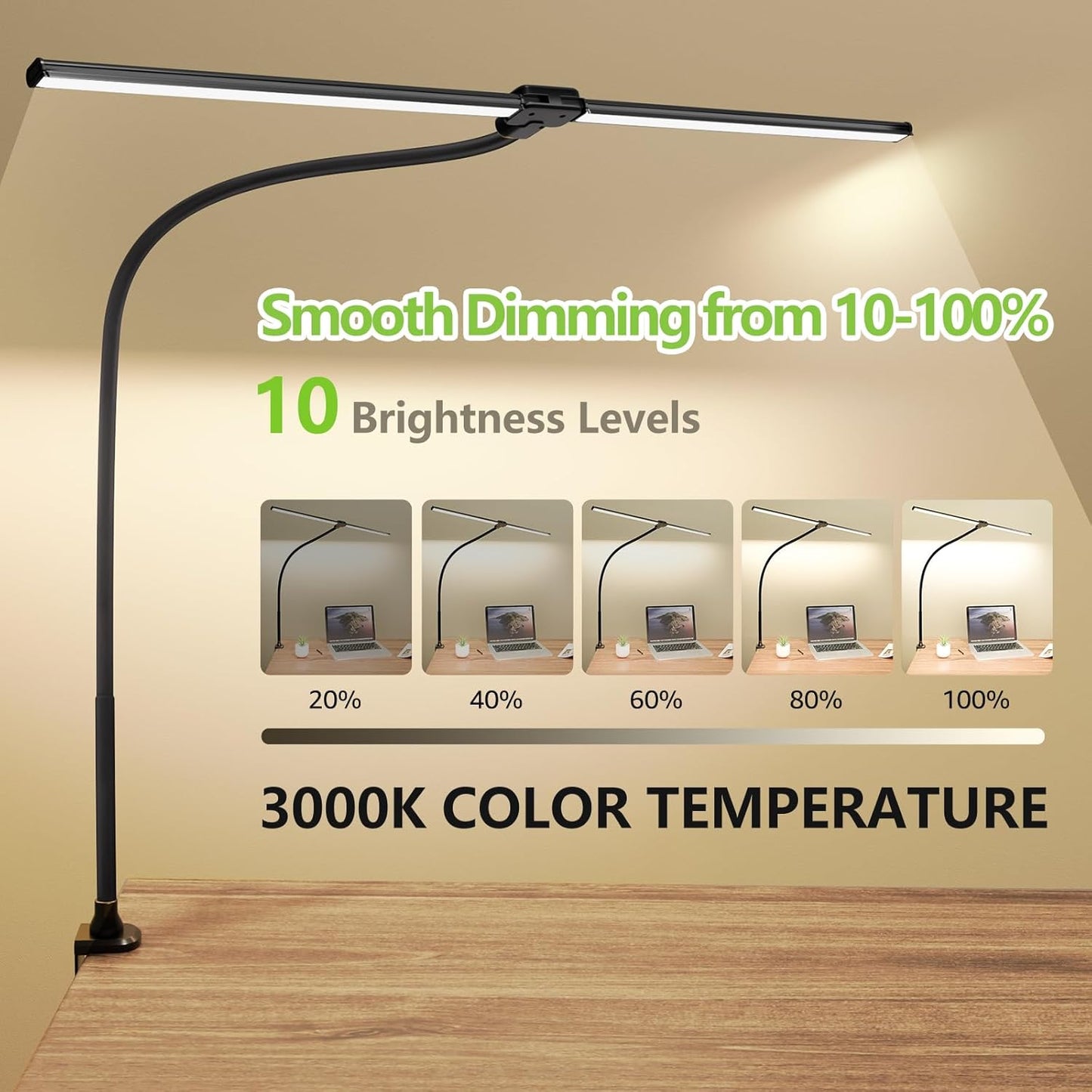 ShineTech LED Desk Lamp for Home Office, 3000K Warm White Double Head Architect Task Lamps with Clamp, Dimmable Adjustable Flexible, Black