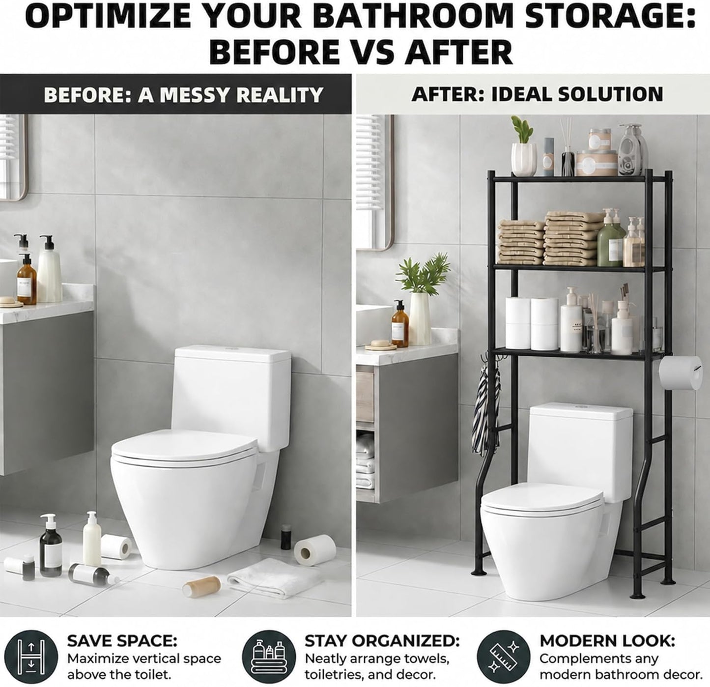 GloTika 3-Tier Over Toilet Storage with Anti-Tilt Safety System - 150lb Total Capacity Metal Bathroom Shelves Including Paper Holder & 4 Hooks, Space Saving Above Commode Organizer (64" H, Black)