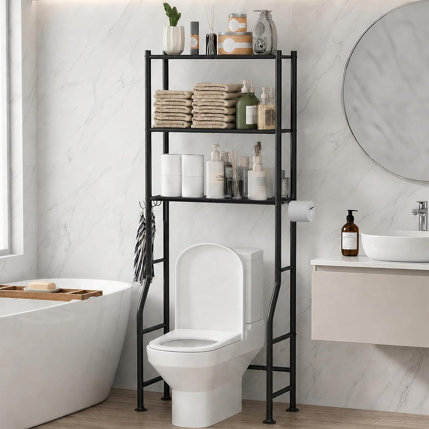 GloTika 3-Tier Over Toilet Storage with Anti-Tilt Safety System - 150lb Total Capacity Metal Bathroom Shelves Including Paper Holder & 4 Hooks, Space Saving Above Commode Organizer (64" H, Black)
