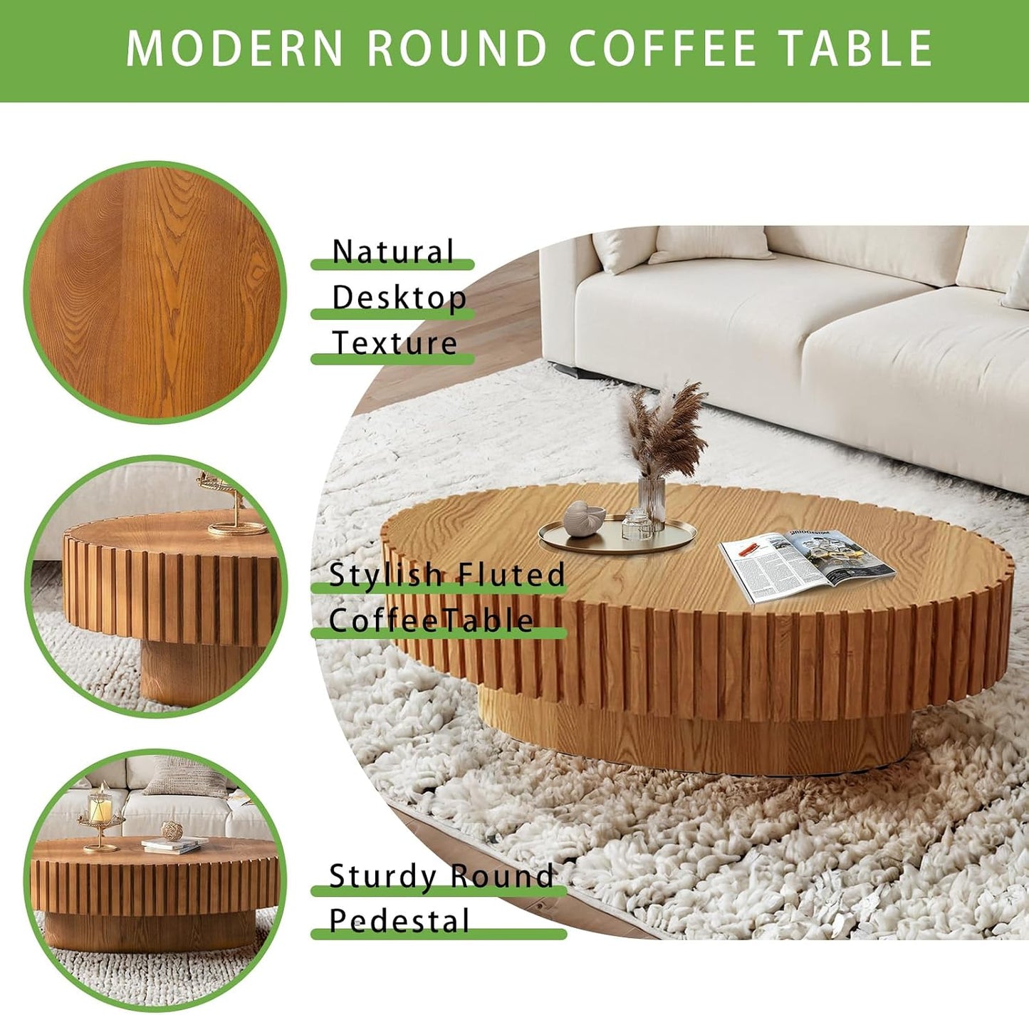Handmade Oval Grooved Drum-Shaped Coffee Table (C Wood 43in) | Rustic Modern Circular Centerpiece for Living Room & Farmhouse Decor、Easy to Clean