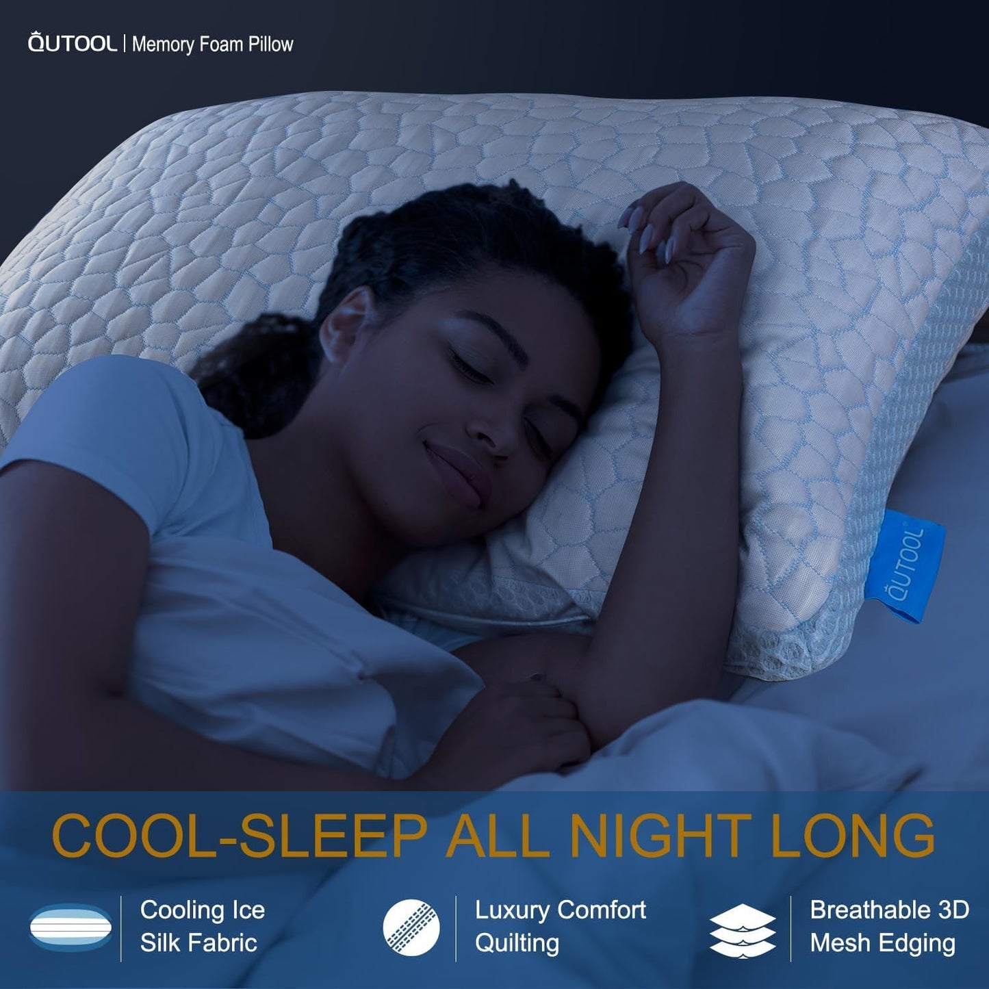 QUTOOL Enhanced Cooling Pillows for Sleeping, CertiPUR-US Shredded Memory Foam Pillows Queen Size Set of 2 for Hot Sleeper, Adjustable Bed Pillow for Side, Back, Stomach Sleepers Support Yet Soft Blue