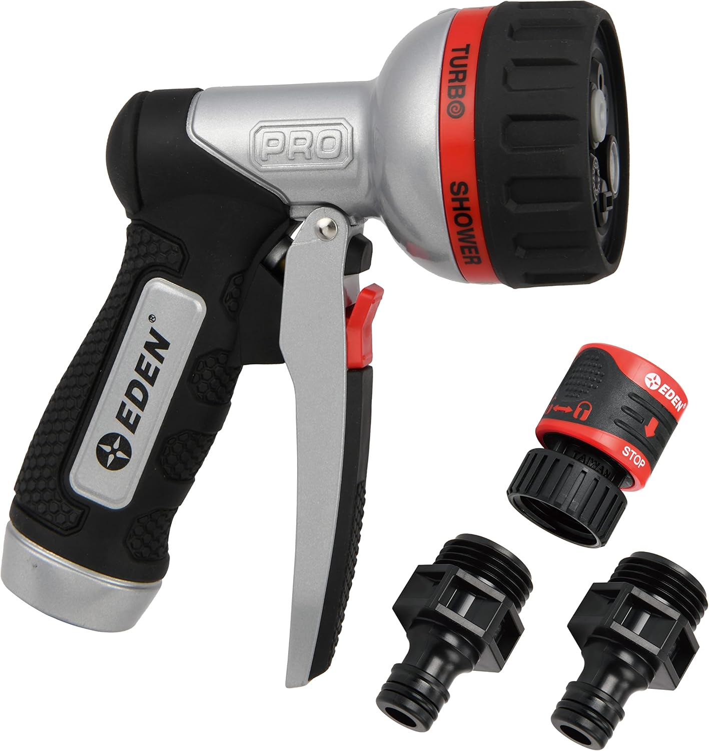 Eden PRO 94833 Metal Front Trigger 6-Pattern Turbo Nozzle | Heavy-Duty Hose Sprayer for Garden, Lawn, Plants, Outdoor Cleaning, Durable Aluminum Core, Quick Connect Set Bundle