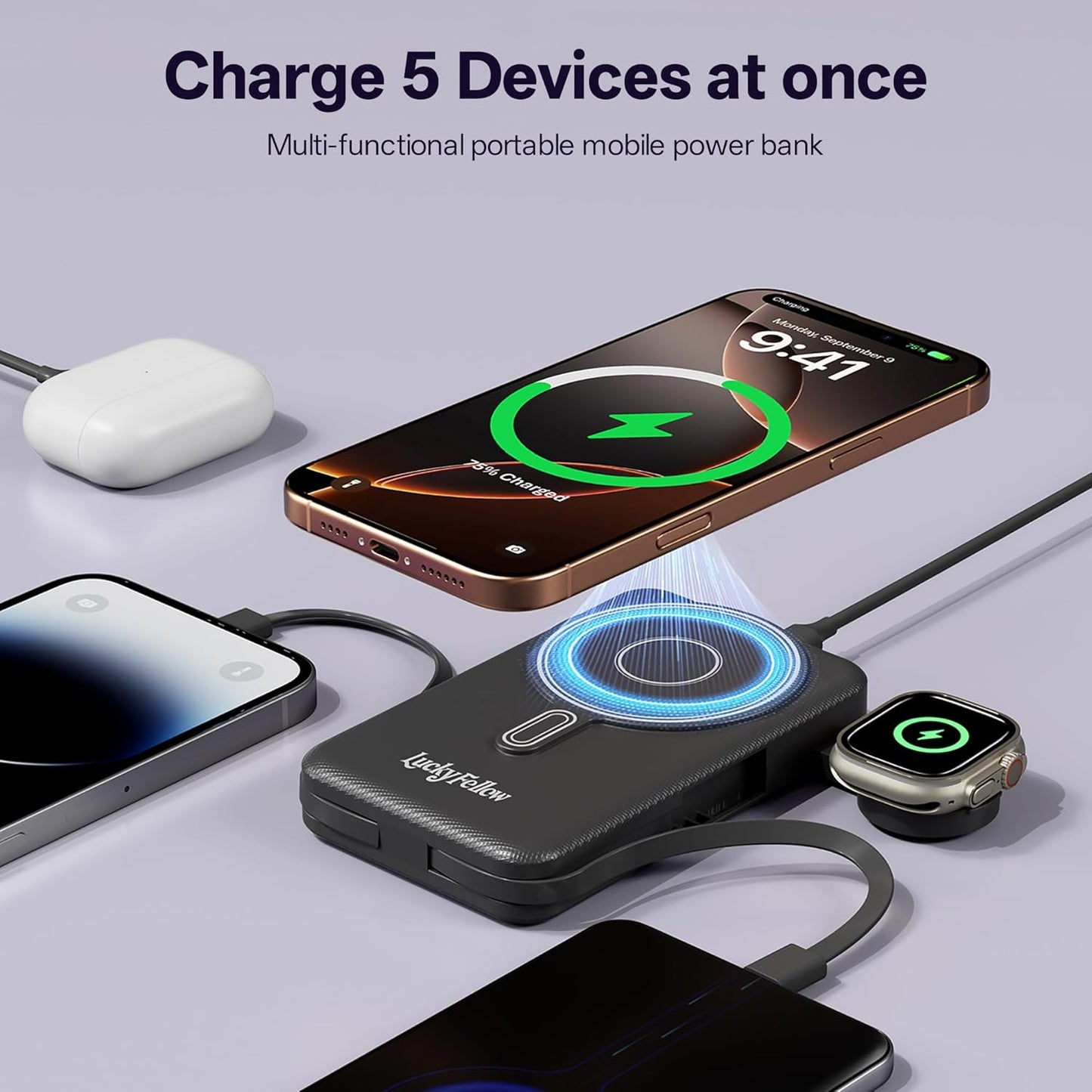Magnetic Portable Charger Built-in Cables,10000mAh Fast Charging Wireless Charger Station External Battery Pack Slim Pocket Size Power Bank with Stand Compatible with iWatch, iPhone