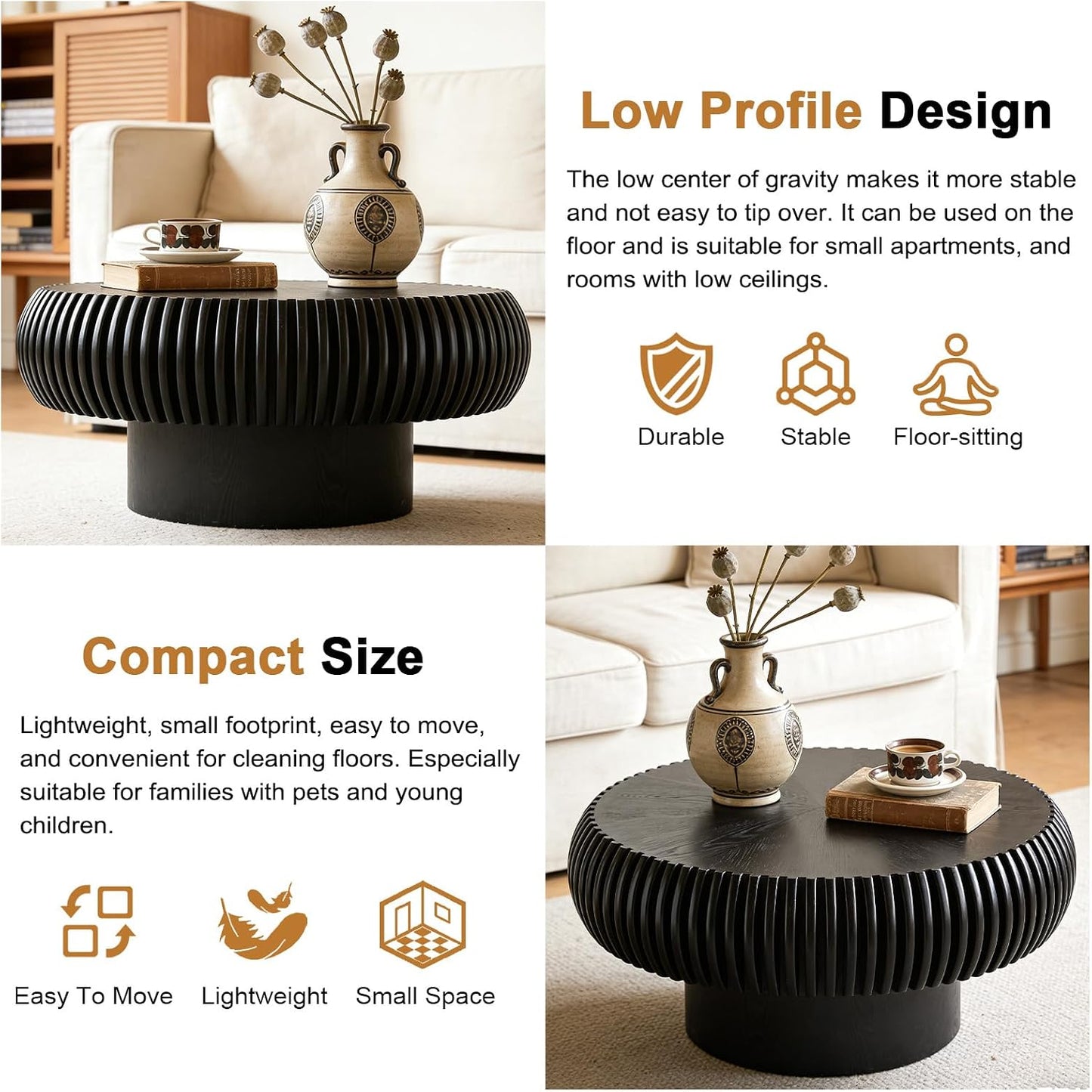 31 inch Black Round Fluted Coffee Table for Living Room (G, 1PC) | Mid Century Modern Style, Drum Shape, Low Circle Center Table, Wood Fluted Stripes, For Small Spaces, Easy to Assemble