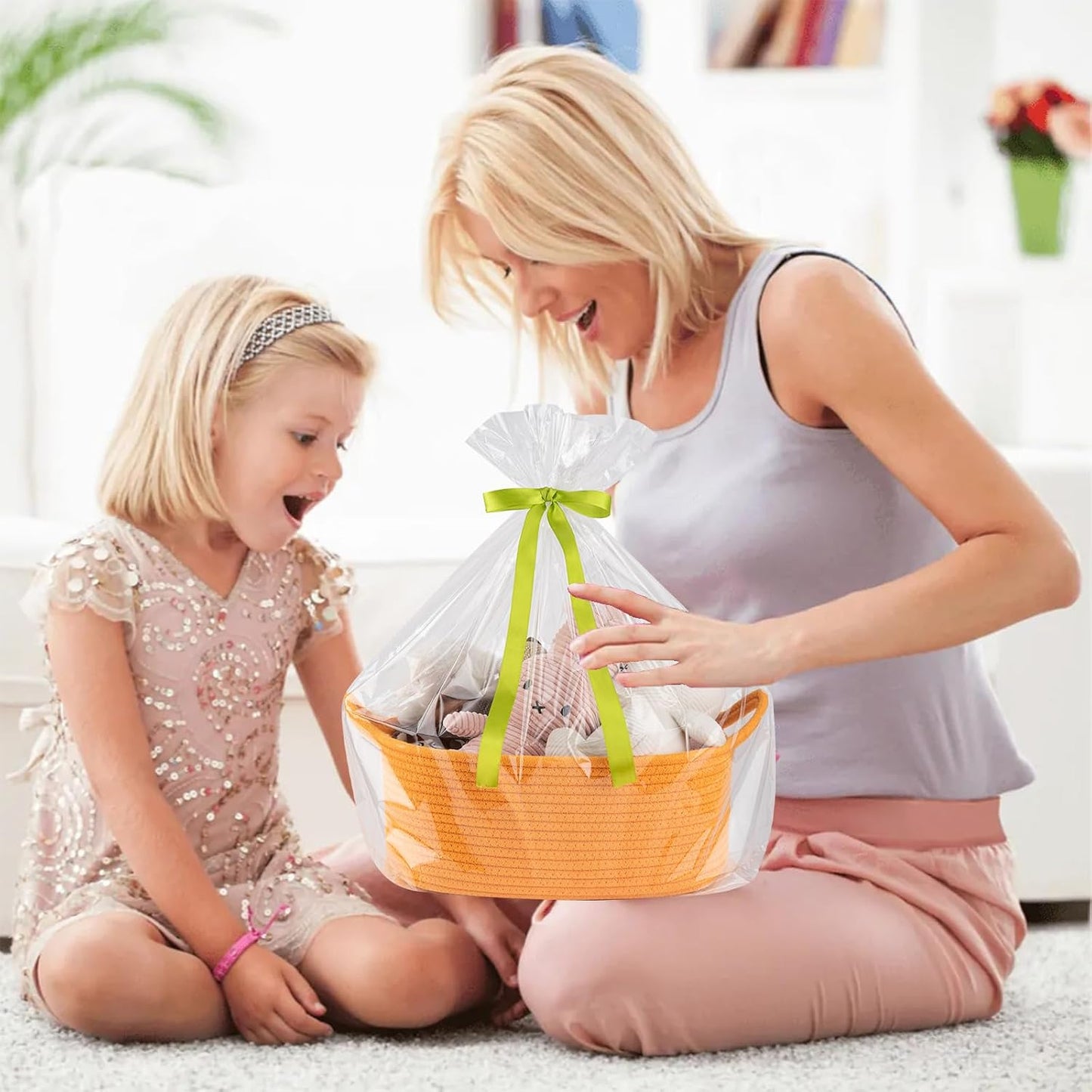 OIAHOMY Woven Basket, Gift Basket Empty with Gift Bags and Ribbons, Rope Baskets for Baby Showers, Storage Baskets with Handles for Nursery, Pet Toy Organizer - Orange