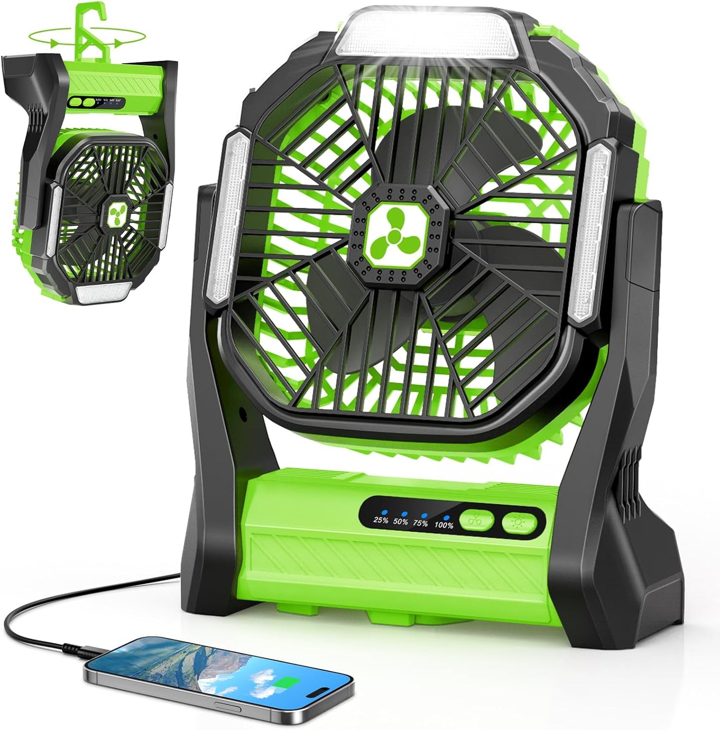 Peouix Portable Rechargeable Fan, 20000mAh Cordless Battery Powered Camping Tent Fans with LED Lantern, Small USB C Operated Outdoor Ventiladores for Travel Camp Fishing Office Home Essentials