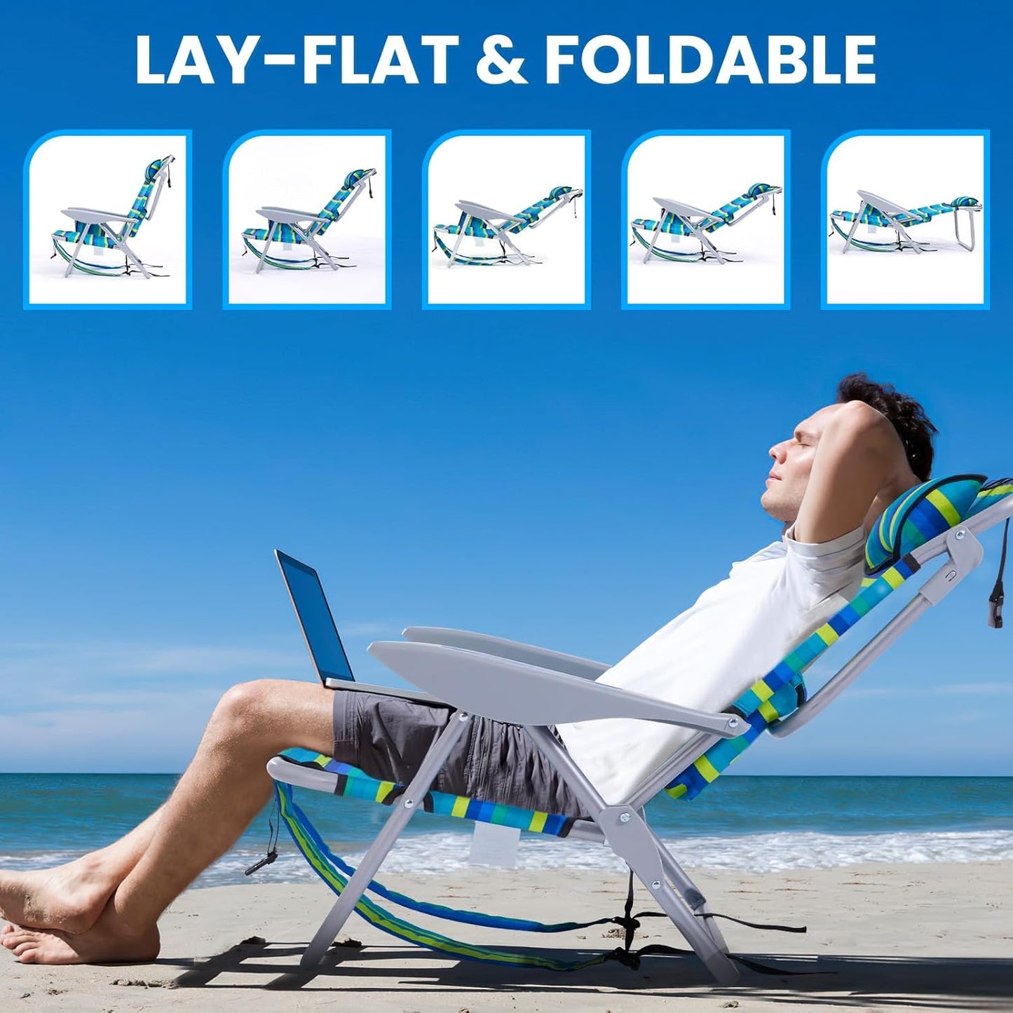 Portable Beach Chair for Adults, Outdoor Camping Chair Lay Flat Folding Backpack Beach Reclining Chair with 5 Positions, Headrest, Cup Holder, Heavy Ocean Striped