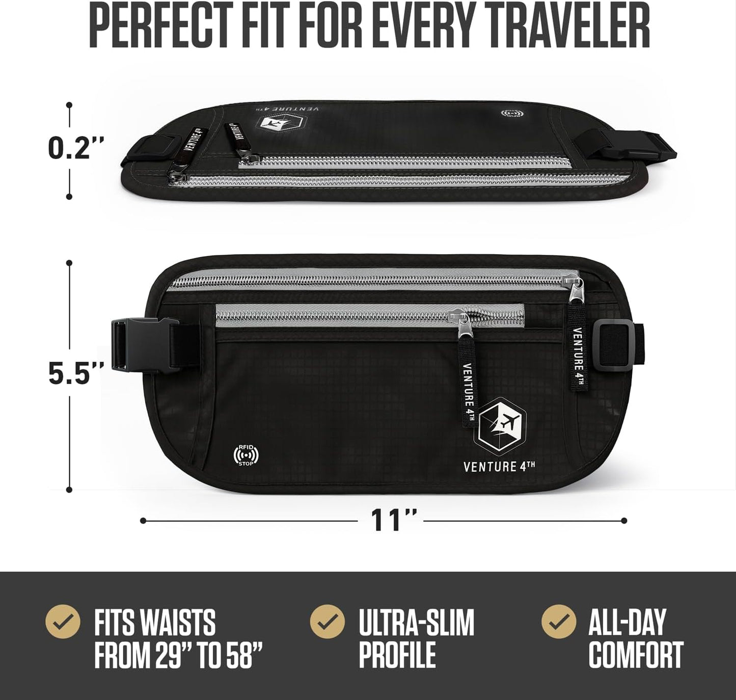 VENTURE 4TH Money Belt for Travel – Slim Hidden Under-Clothes RFID Blocking Anti-Theft Passport Holder & Travel Wallet Pouch for Men & Women to Protect Cash, Cards & Documents (Black)