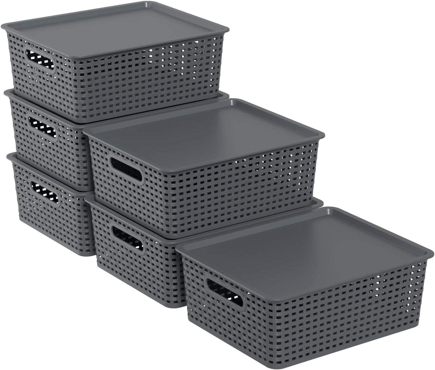 Zopnny 8 Pack Plastic Shelf Organizer Baskets, Small Storage Bins with Lid | Woven-Style Baskets with Lids, Stackable Space-Saving Design, Gray, Ideal For Pantry, Closet, Bathroom