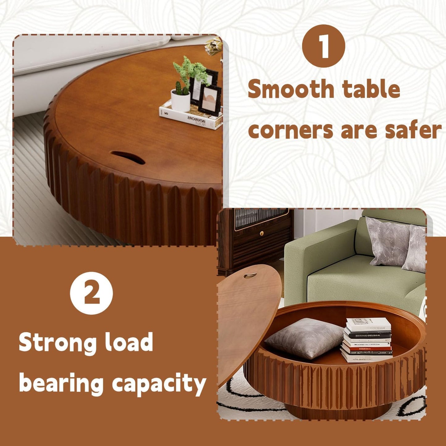 39.4" Brown Round Fluted Storage Coffee Table | Round Drum Coffee Table with Storage Handcrafted Solid Wood Fluted Edge, Sturdy Cylindrical Base for Living Room Apartment