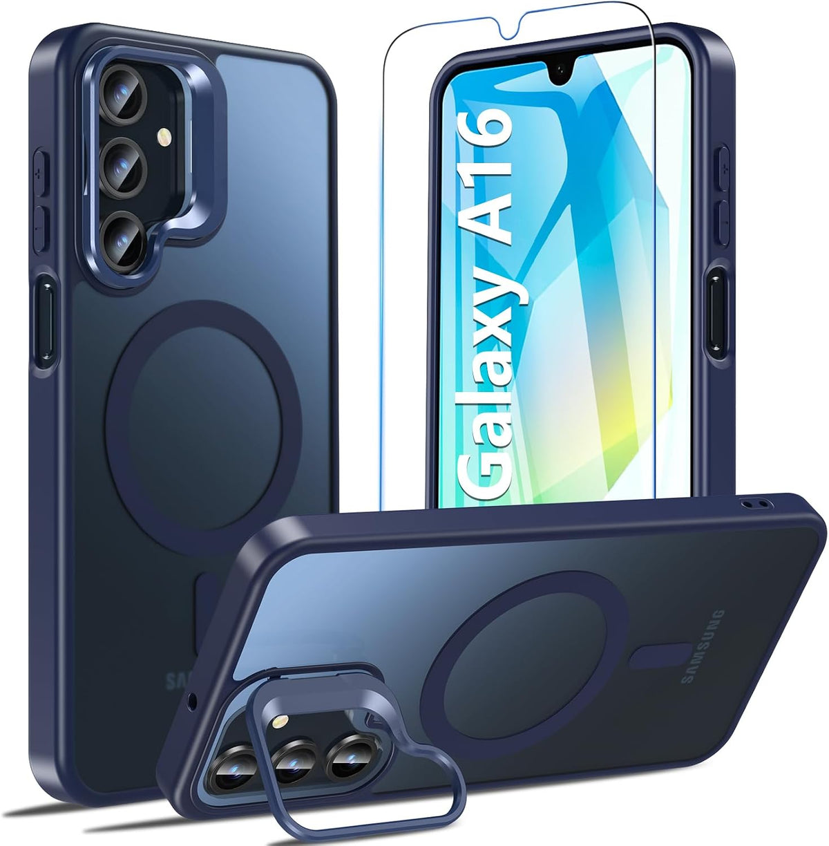 Magnetic for Samsung Galaxy A16 5G Phone Case with Screen Protector, Compatible with MagSafe, Built-in Camera Stand Case Shockproof Protective Cover for Samsung Galaxy A16 5G/4G (Blue)