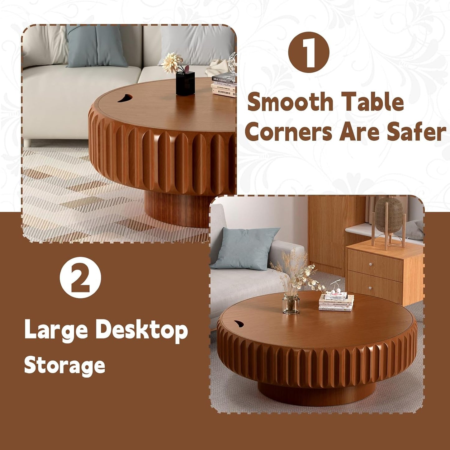 31.5 in Brown Round Drum Coffee Table with Storage | Modern Round Fluted Storage Center Table Handcrafted Solid Wood Fluted Edge, Cylindrical Base For Living Room, Apartment