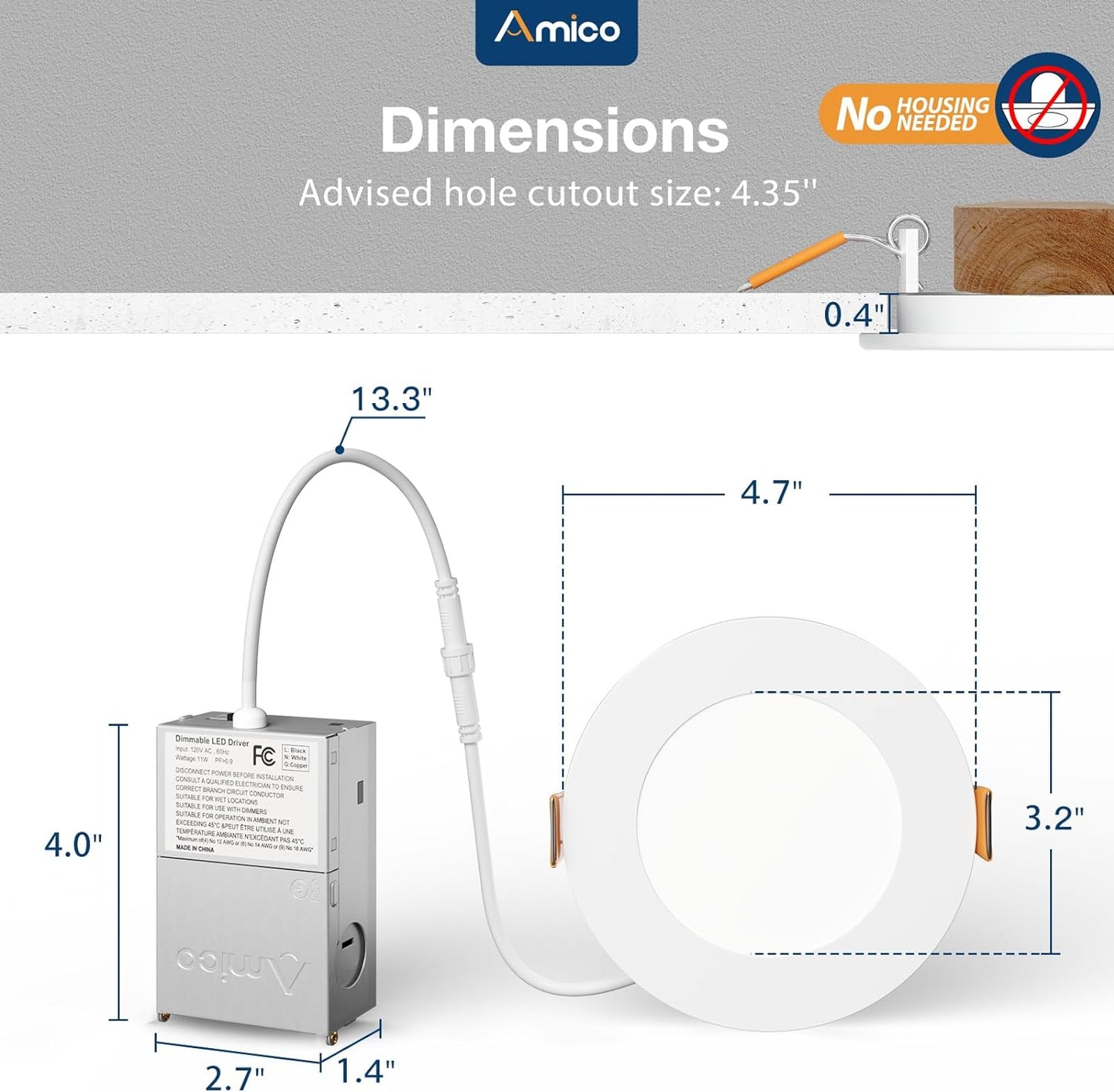 Amico 6 Pack 4 Inch 5CCT Ultra-Thin LED Recessed Ceiling Light with Junction Box, 2700K/3000K/3500K/4000K/5000K Selectable, 11W Eqv 70W 800LM Brightness Dimmable Canless Wafer Downlight, ETL & FCC