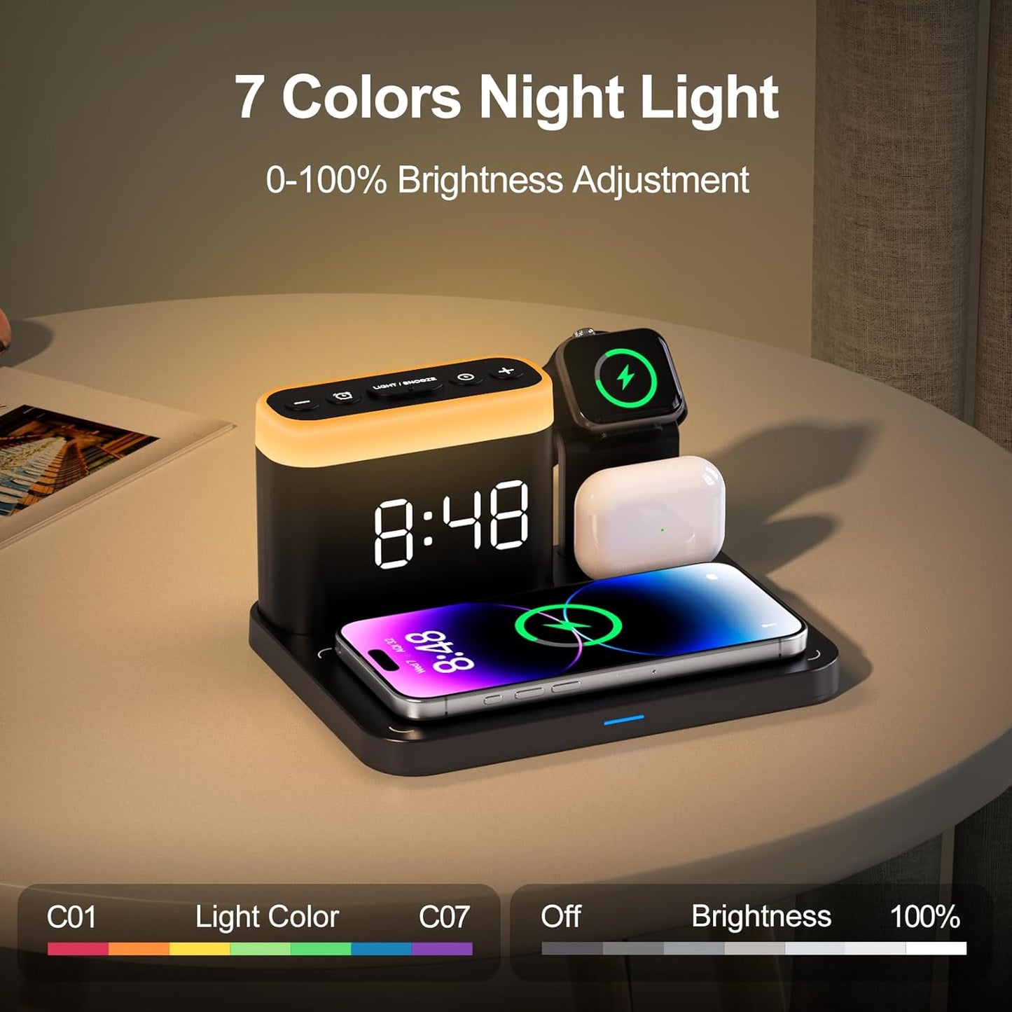 ANJANK Wireless Charging Station,5 in 1 Multiple Charger Stand with Alarm Clock,7 Night Light,Magnetic Charging Dock for iPhone 17 16 15 14 13 12 Pro Max Plus,Apple Watch 11/10/9/8,for Airpods,Bedroom