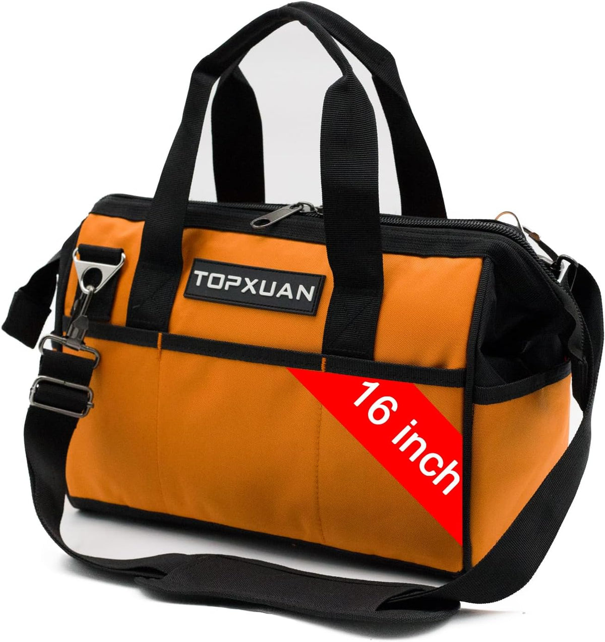 16 Inch Heavy Duty Tool Bag - Molded Plastic Base, Waterproof 900D Oxford Cloth, 16 Pockets Wide Mouth Tool Organizer with Shoulder Strap for Power/Hand Tools (Orange)