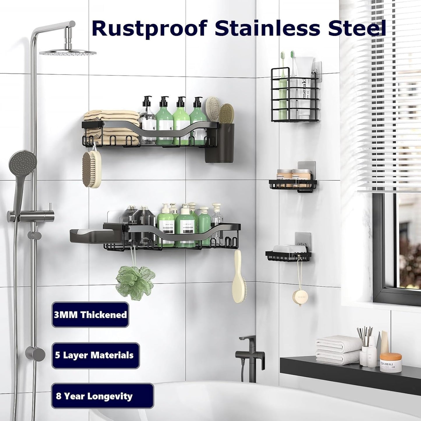 NESOMI Shower Caddy Adhesive Shower Organizer 7-Pack, Rustproof Stainless Steel Bathroom Shelves, Large Capacity No-Drill Rack Storage Accessories with Soap Dish Toothbrush Holder &24 Hooks Home Decor