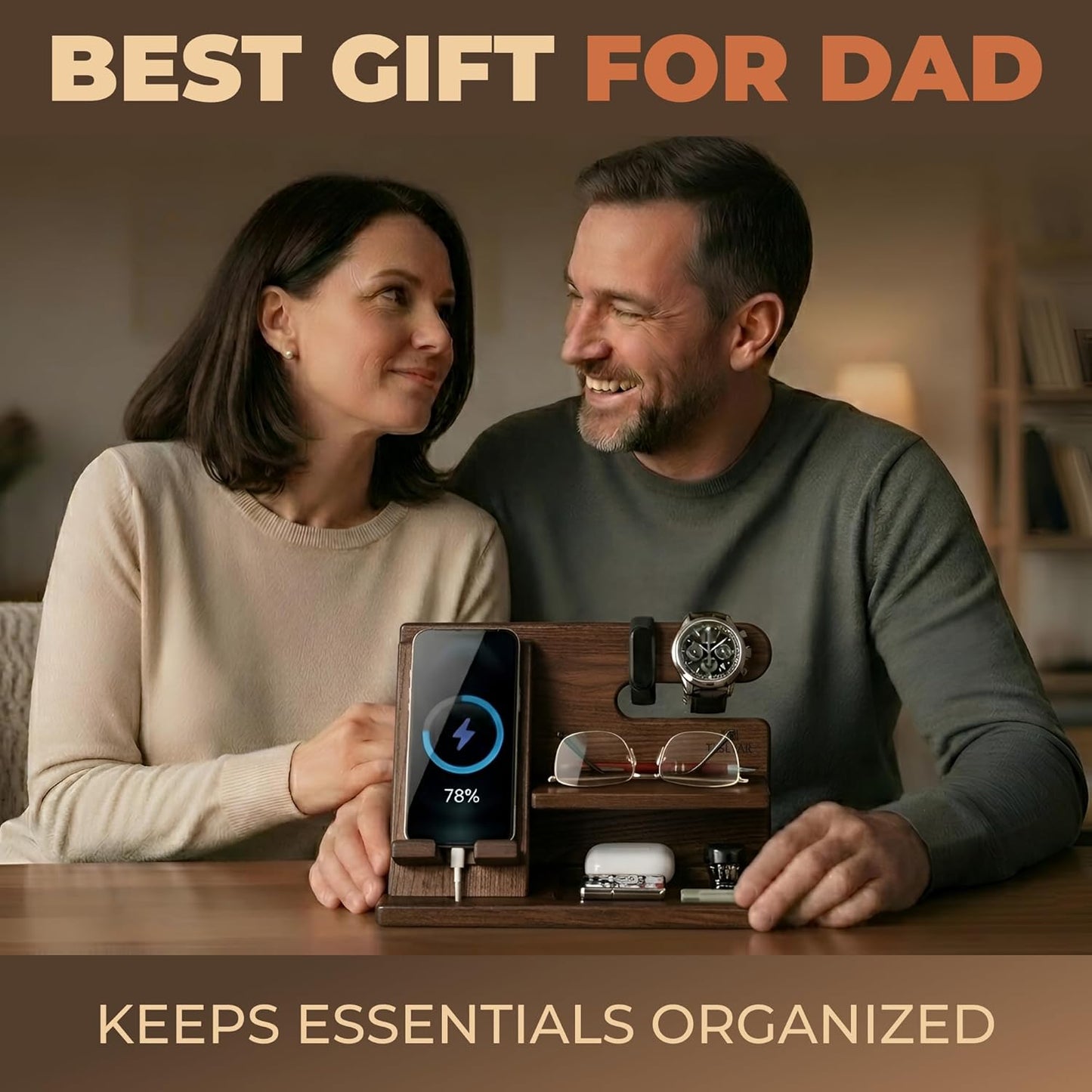 TESLYAR Wood Phone Docking Station for Men - Desktop or Nightstand Organizer - Birthday Gifts for Men, Dad - Anniversary Idea from Wife - Key Holder, Stand Wallet, Watch & Essentials (Bourbon Brown)