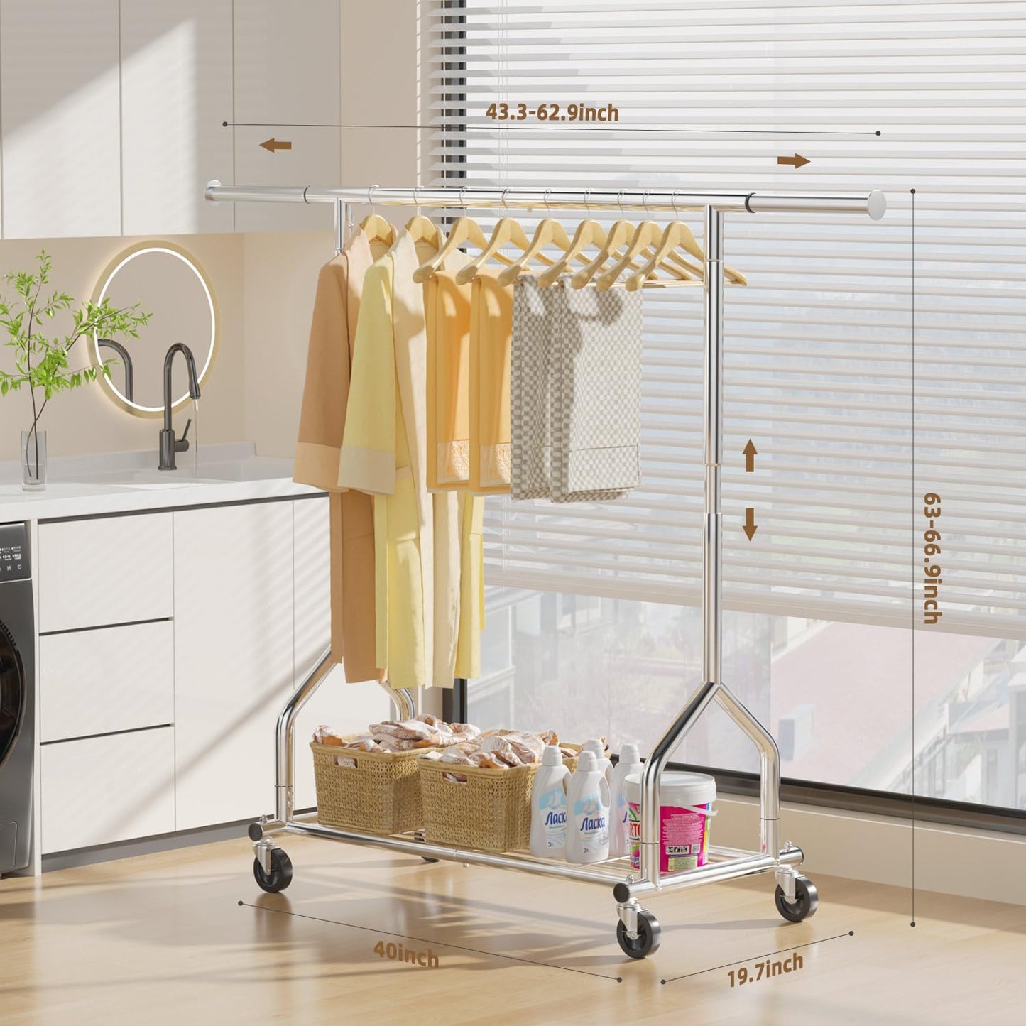 EAGMAK Heavy Duty Clothes Rack Load 424 LBS, Rolling Clothing Rack With Shelves, Adjustable Metal Clothes Hanger with Wheels, Portable Wardrobe Organizer Garment Rod for Hanging Clothes (Silver)