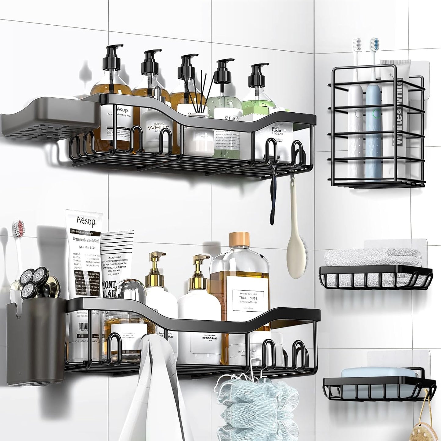 NESOMI Shower Caddy Adhesive Shower Organizer 7-Pack, Rustproof Stainless Steel Bathroom Shelves, Large Capacity No-Drill Rack Storage Accessories with Soap Dish Toothbrush Holder &24 Hooks Home Decor