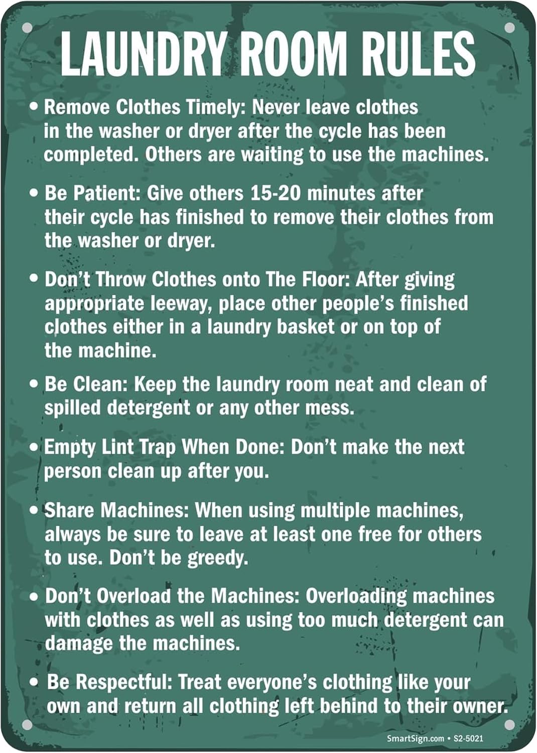 SmartSign Vintage 'Laundry Room Rules - Remove Clothes, Be Clean' Metal Laundry Sign, 14" x 10", 40 mil Laminated Aluminum, Home/Farmhouse/Laundromat Wall Décor, White/Rustic Green, USA-Made