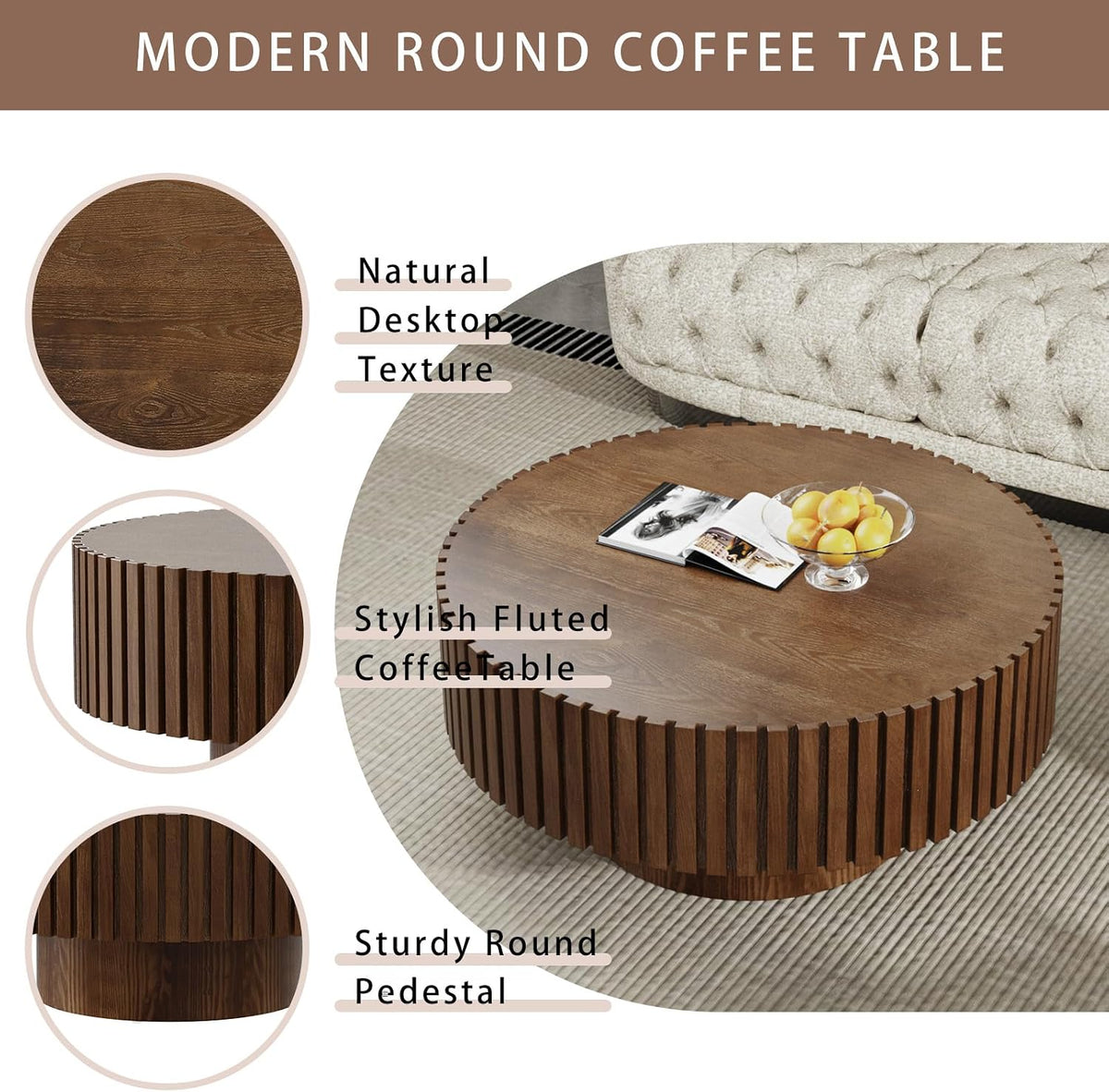 Modern Round Coffee Table for Living Room (Round Dark Brown)