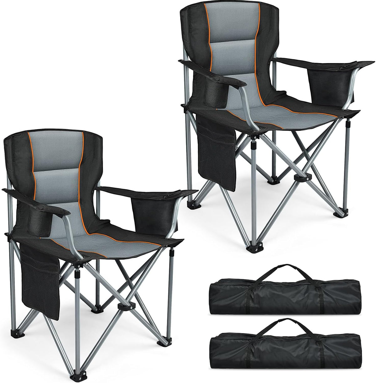 Camping Chairs, 2 Pack Oversized Heavy Duty Fully Padded Outdoor Folding Chairs with Cup Holder, Cooler Bag and Side Pocket, Support 400 LBS, Carry Bag Included, Versatile for Sports,Outdoors & Lawns