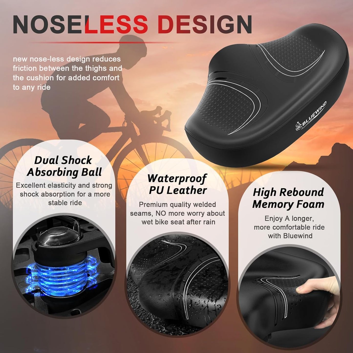 BLUEWIND New Noseless Oversized Bike Seat, Wide Bicycle Saddle Novel Backrest Design for Electric Bike, Universal Fit Exercise Bike or Road Stationary Bike Seat Cushion for Men & Women