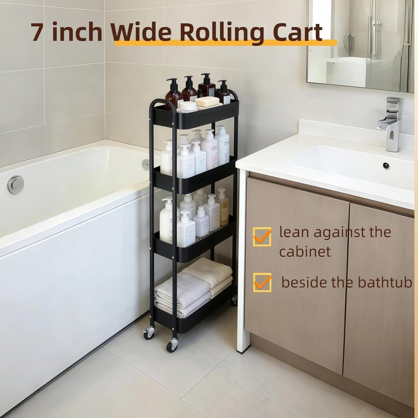 4 Tier Slim Storage Cart with Wheels for Laundry Room Between Washer and Dryer, 7.1'' Narrow Rolling Cart with Wheels and Lockable Casters, Metal Thin Standing Shelf for Small Space, Black
